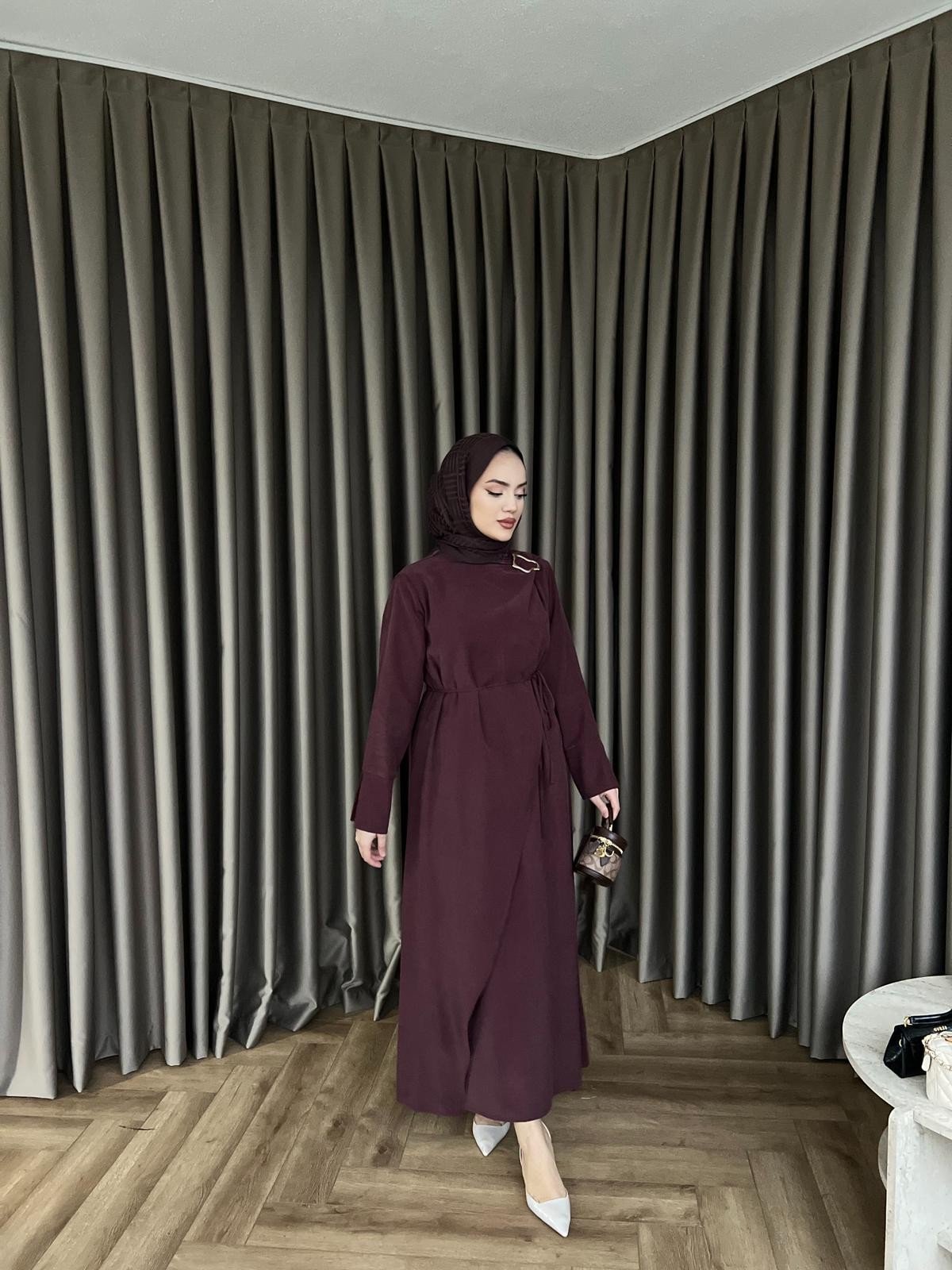 Desli Broşlu Elbise - Bordo