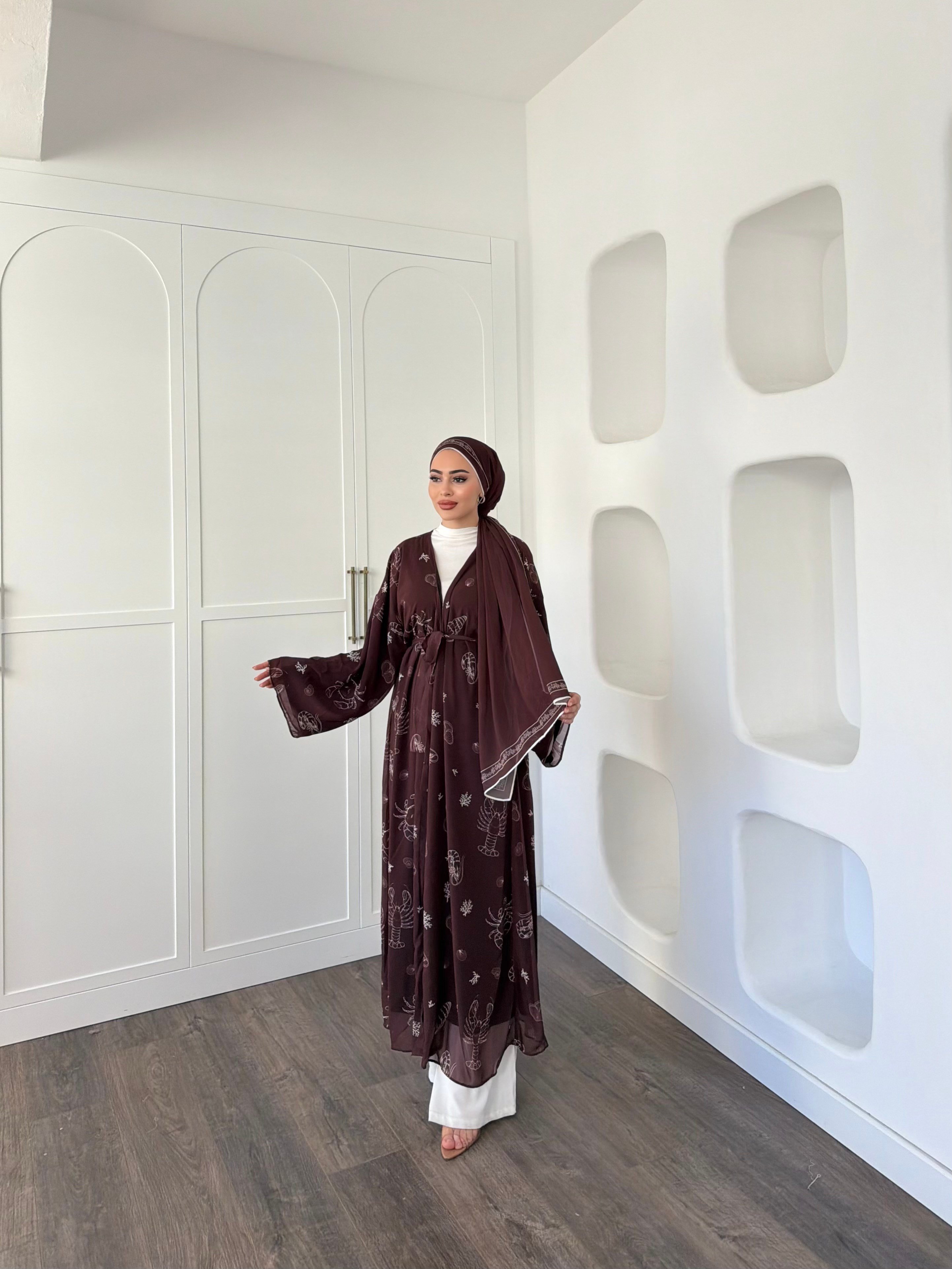 Dubai Şal Hediyeli Kimona - Acıkahve