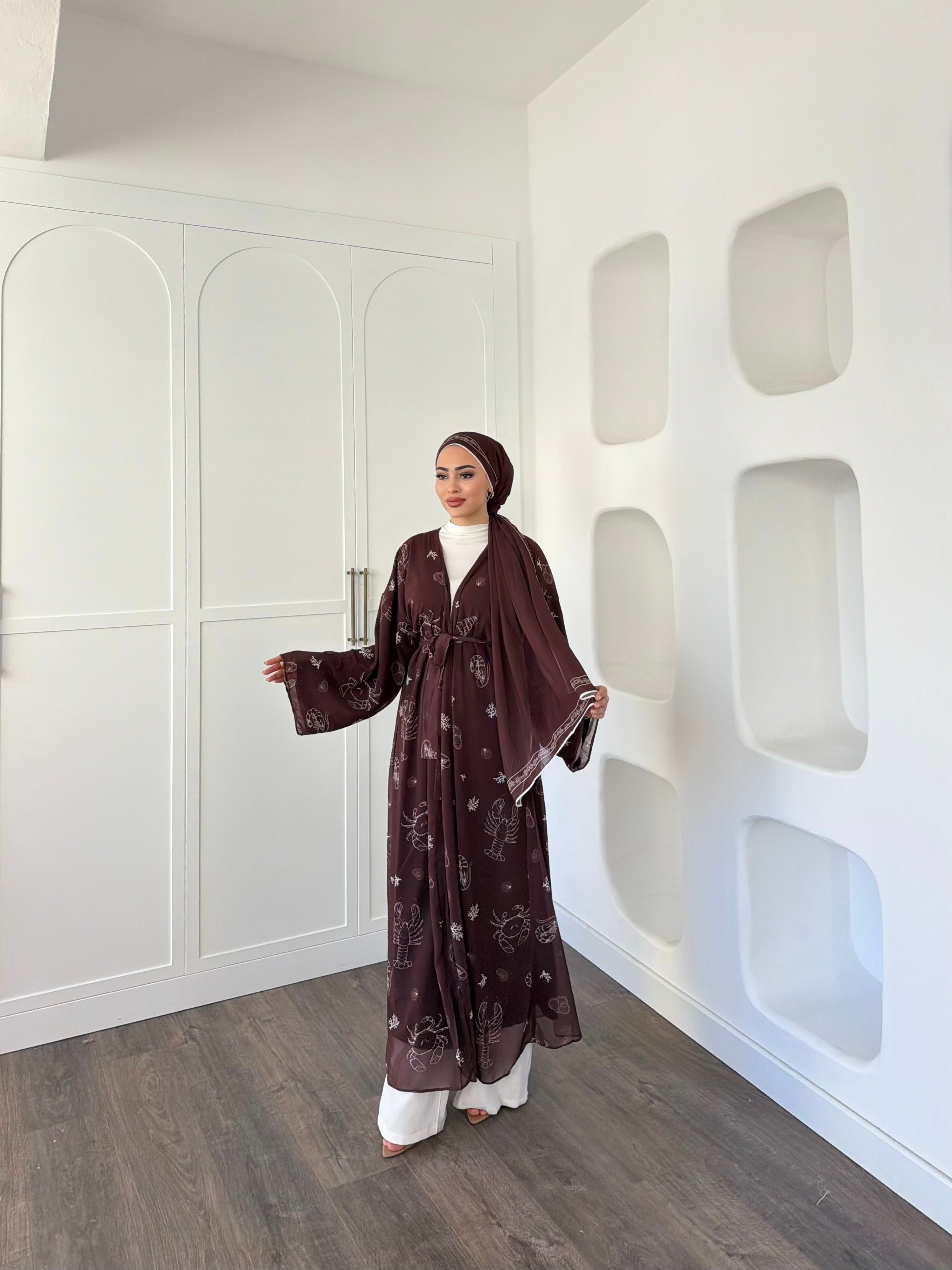 Dubai Şal Hediyeli Kimona - Acıkahve