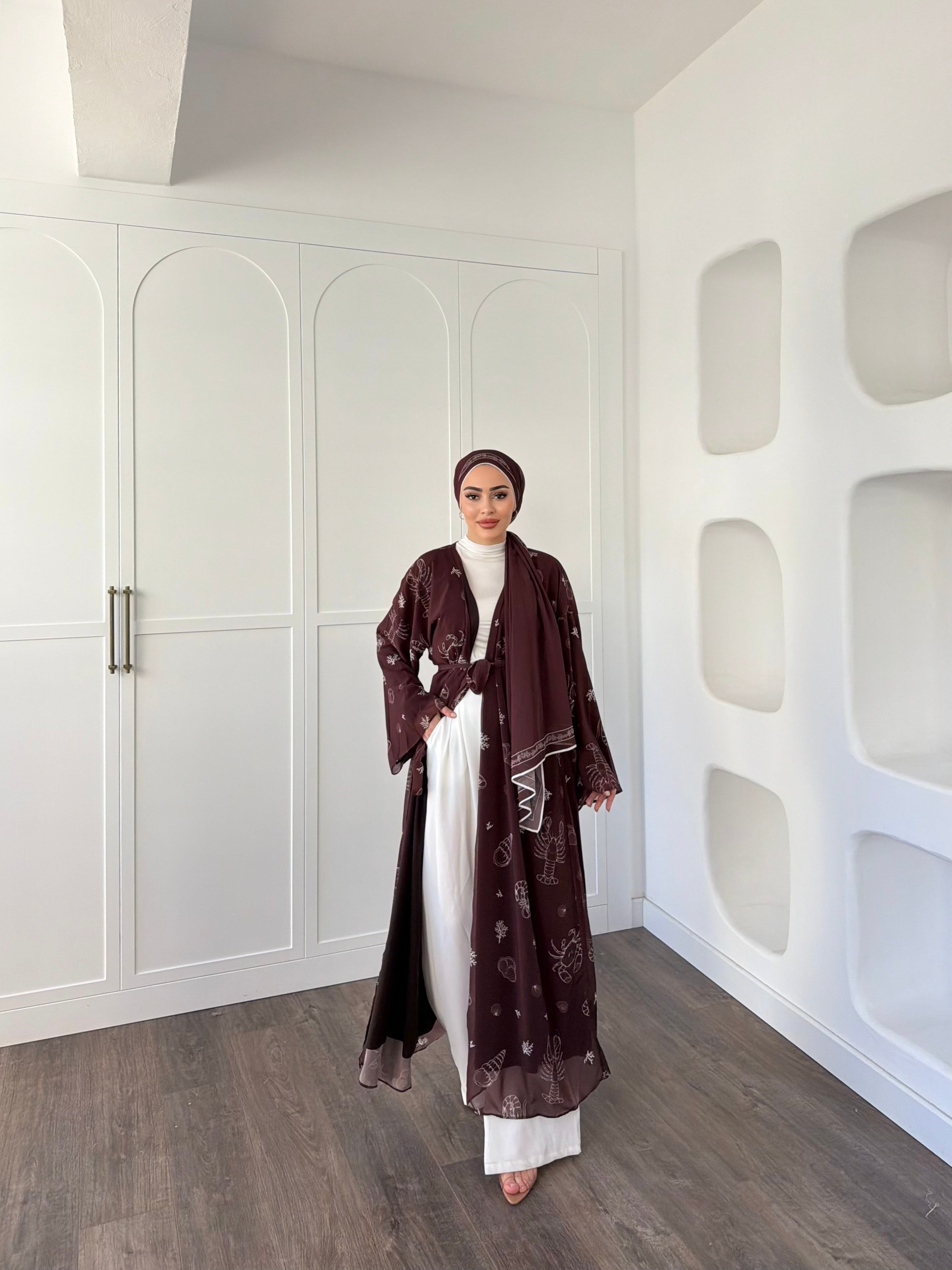 Dubai Şal Hediyeli Kimona - Acıkahve