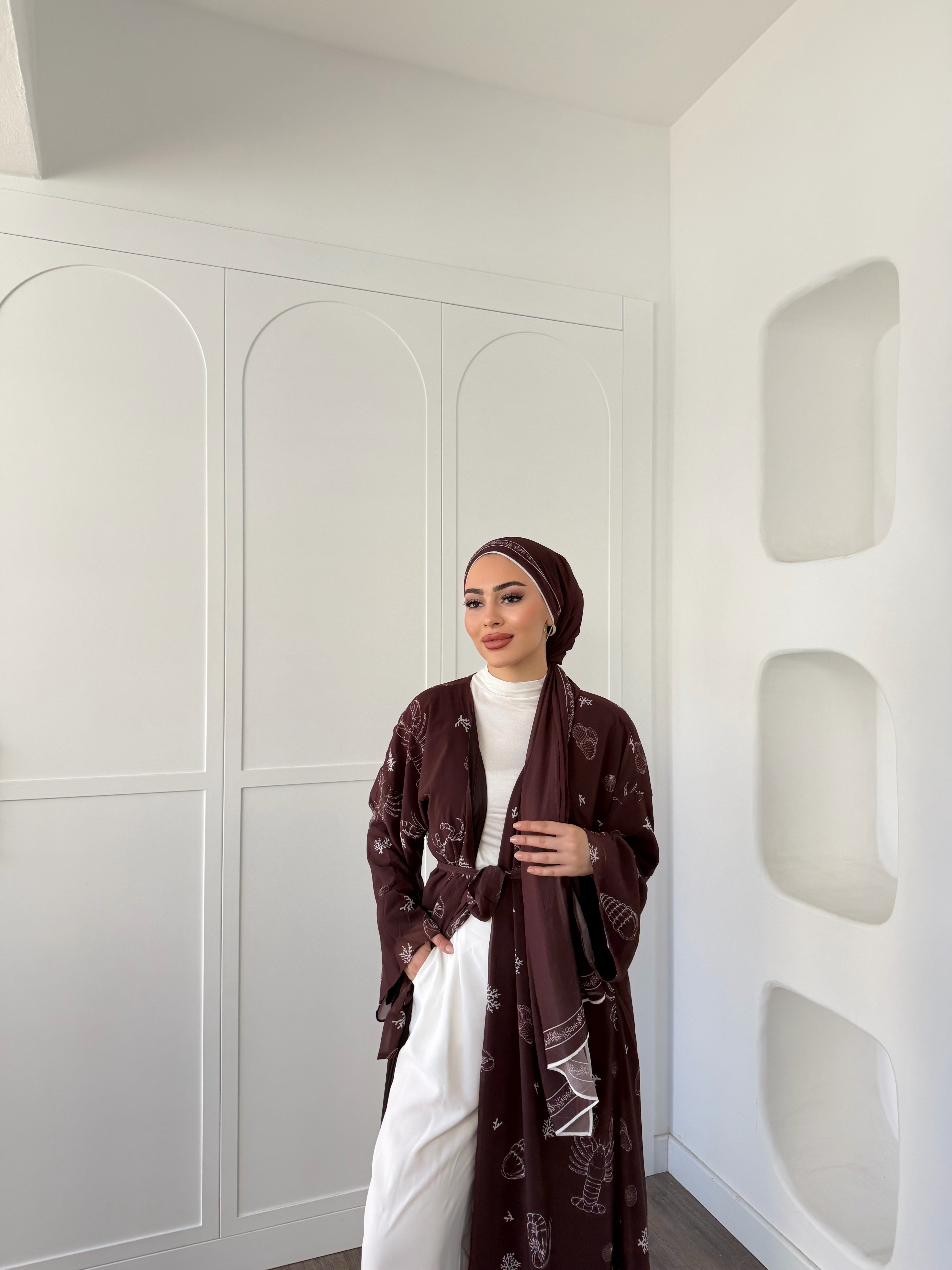 Dubai Şal Hediyeli Kimona - Acıkahve