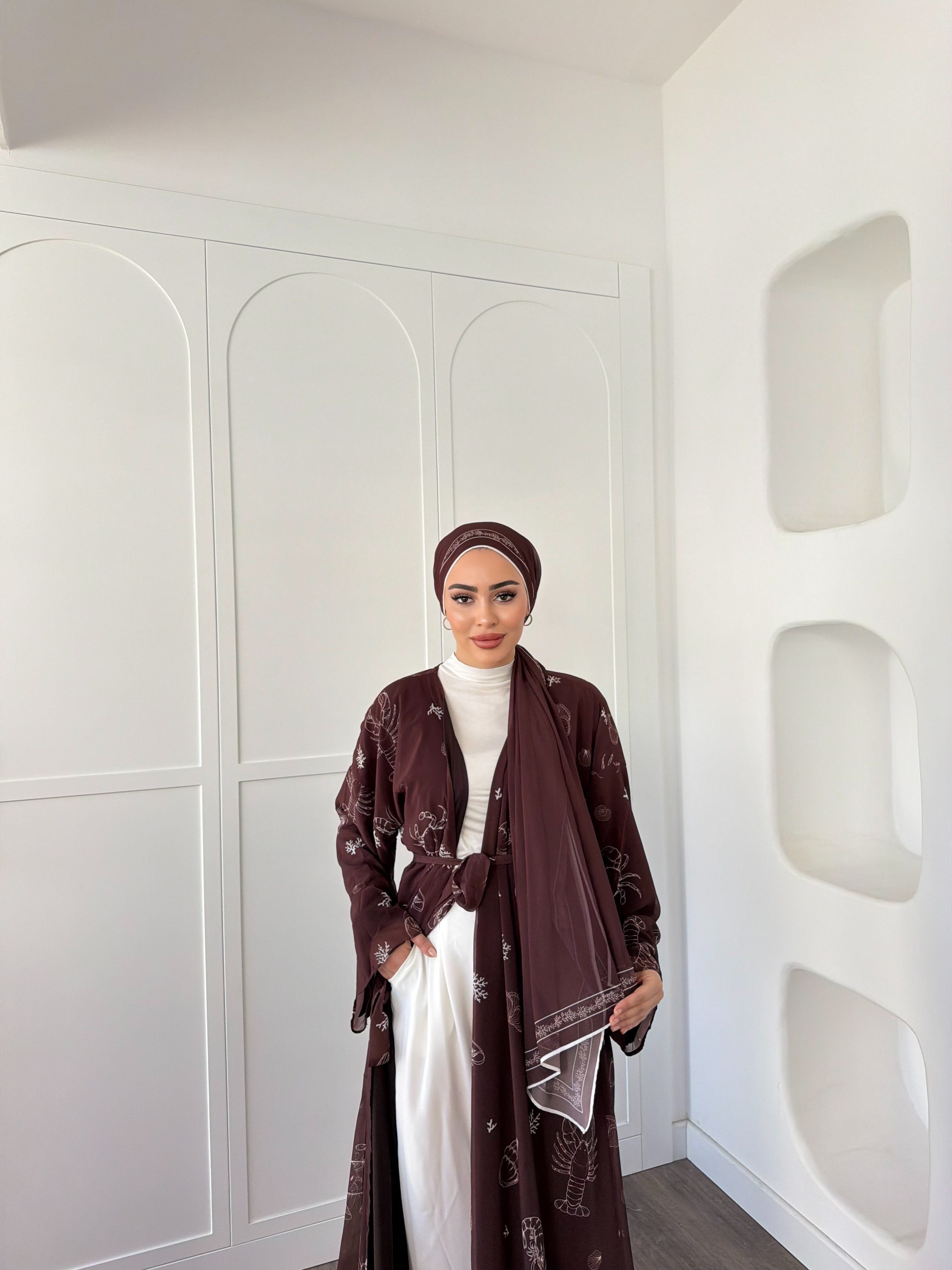 Dubai Şal Hediyeli Kimona - Acıkahve