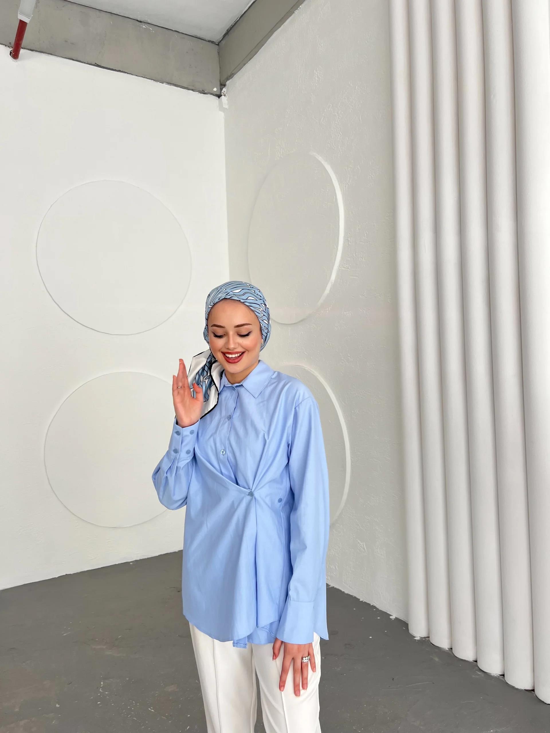 Düğmeli Nurs Gömlek -Mavi