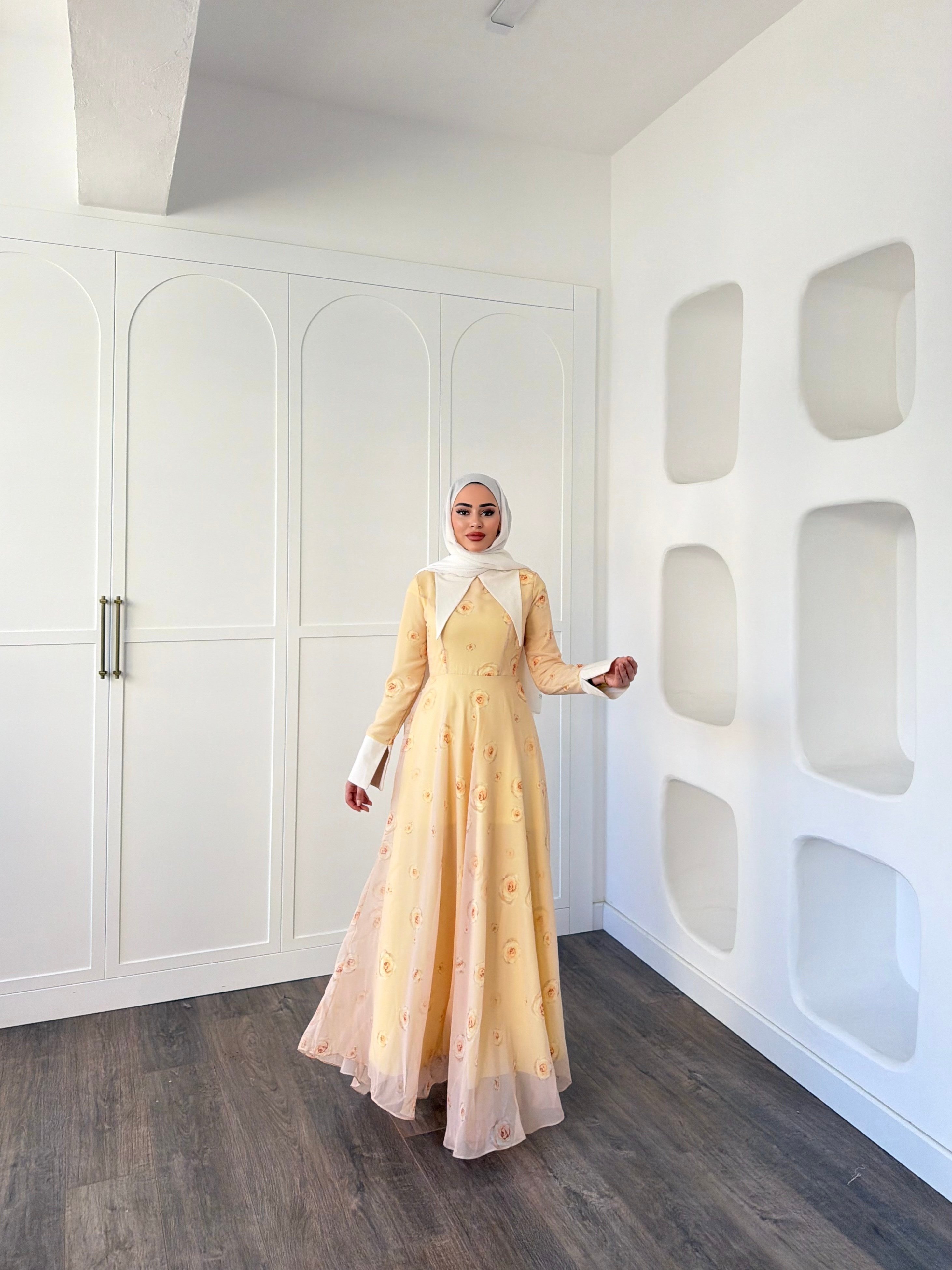 Dum Yaka Detay Elbise - Sarı