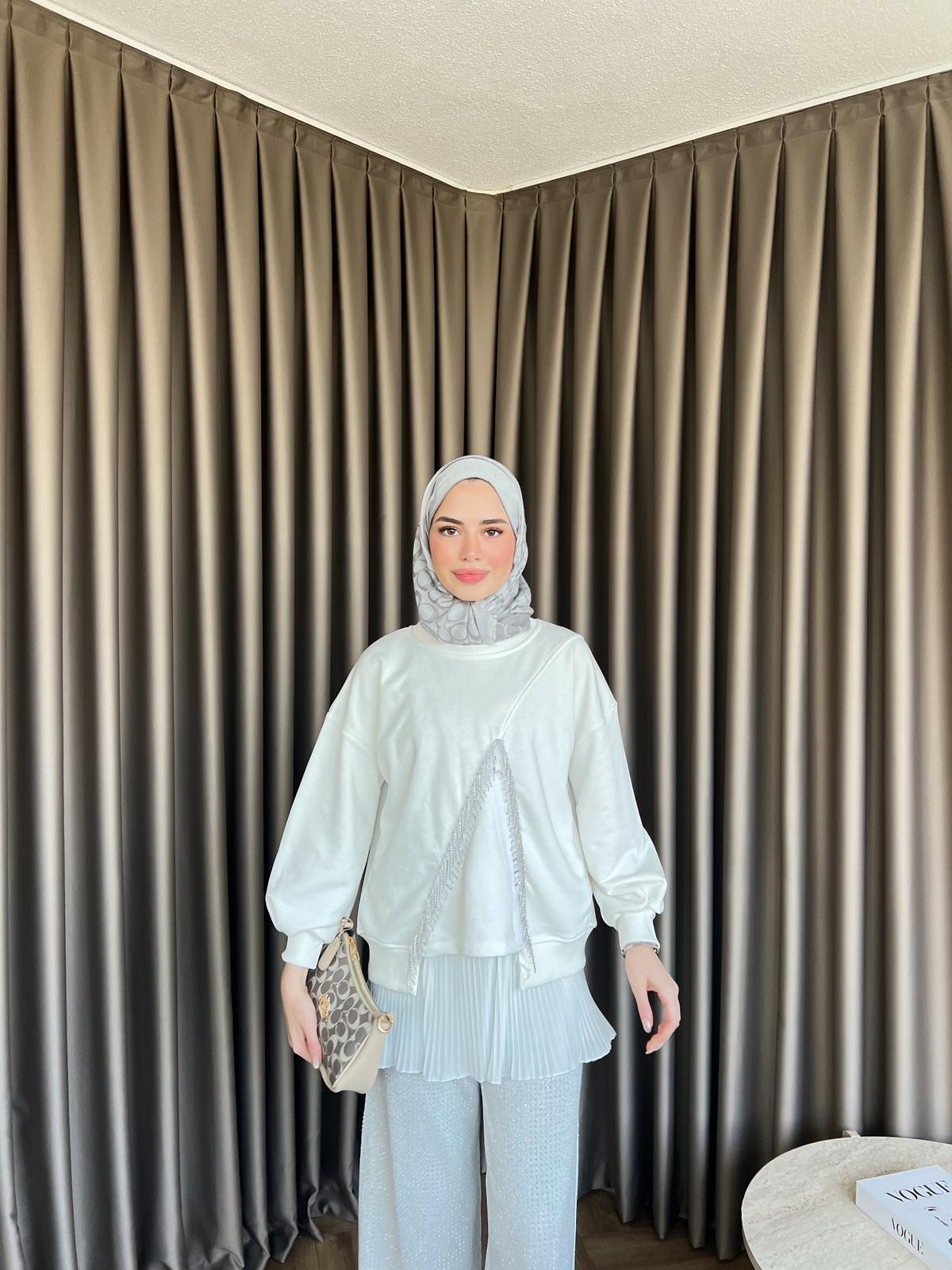 Ela Taş Detaylı Sweat Beyaz