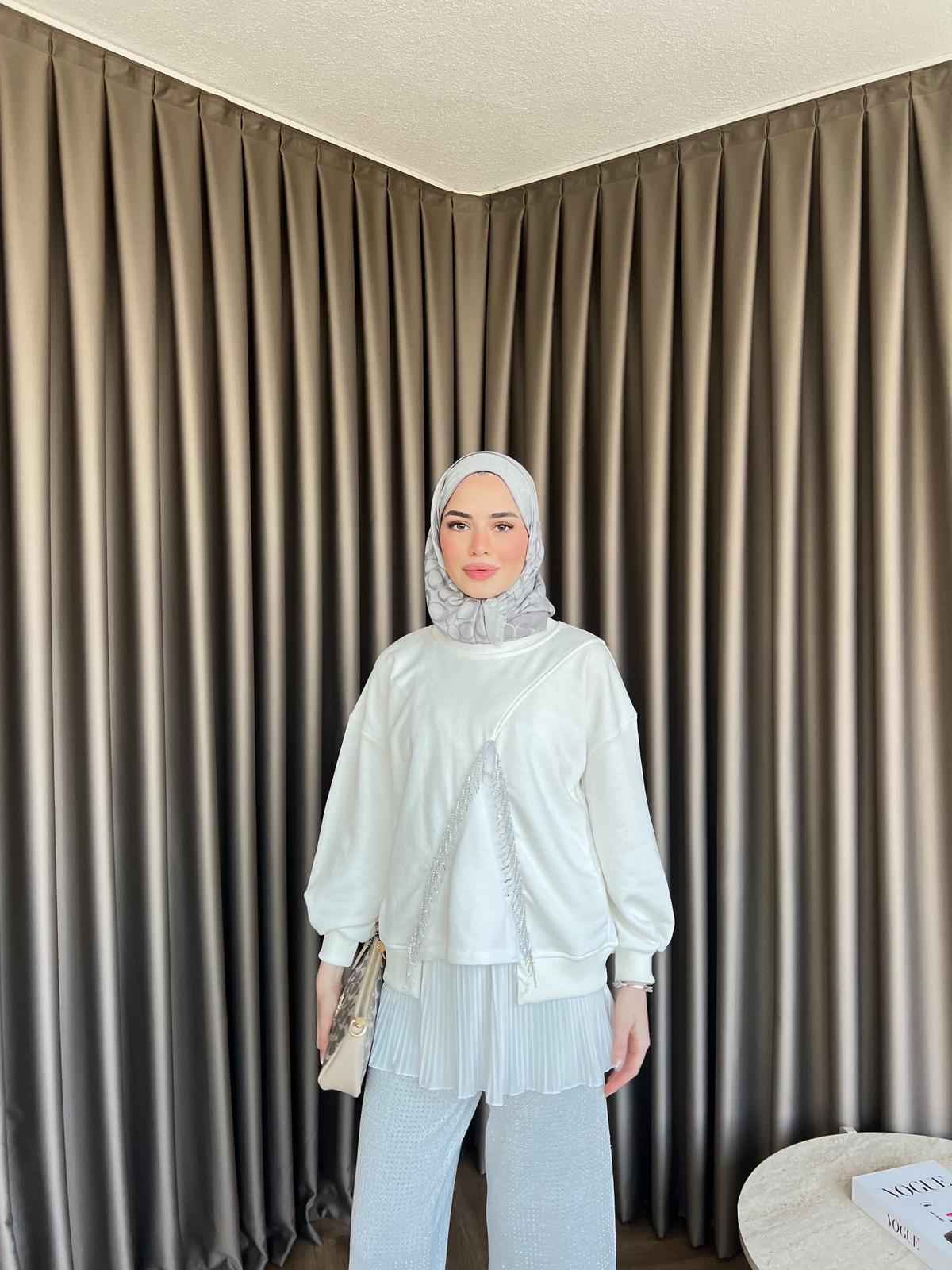 Ela Taş Detaylı Sweat Beyaz