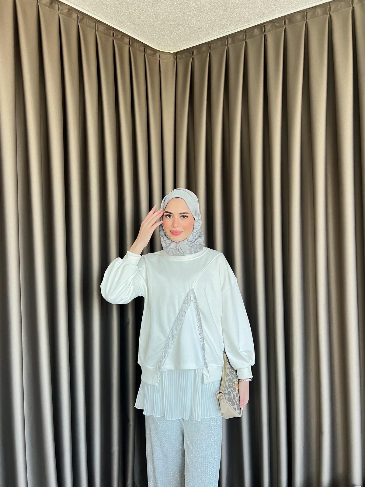 Ela Taş Detaylı Sweat Beyaz