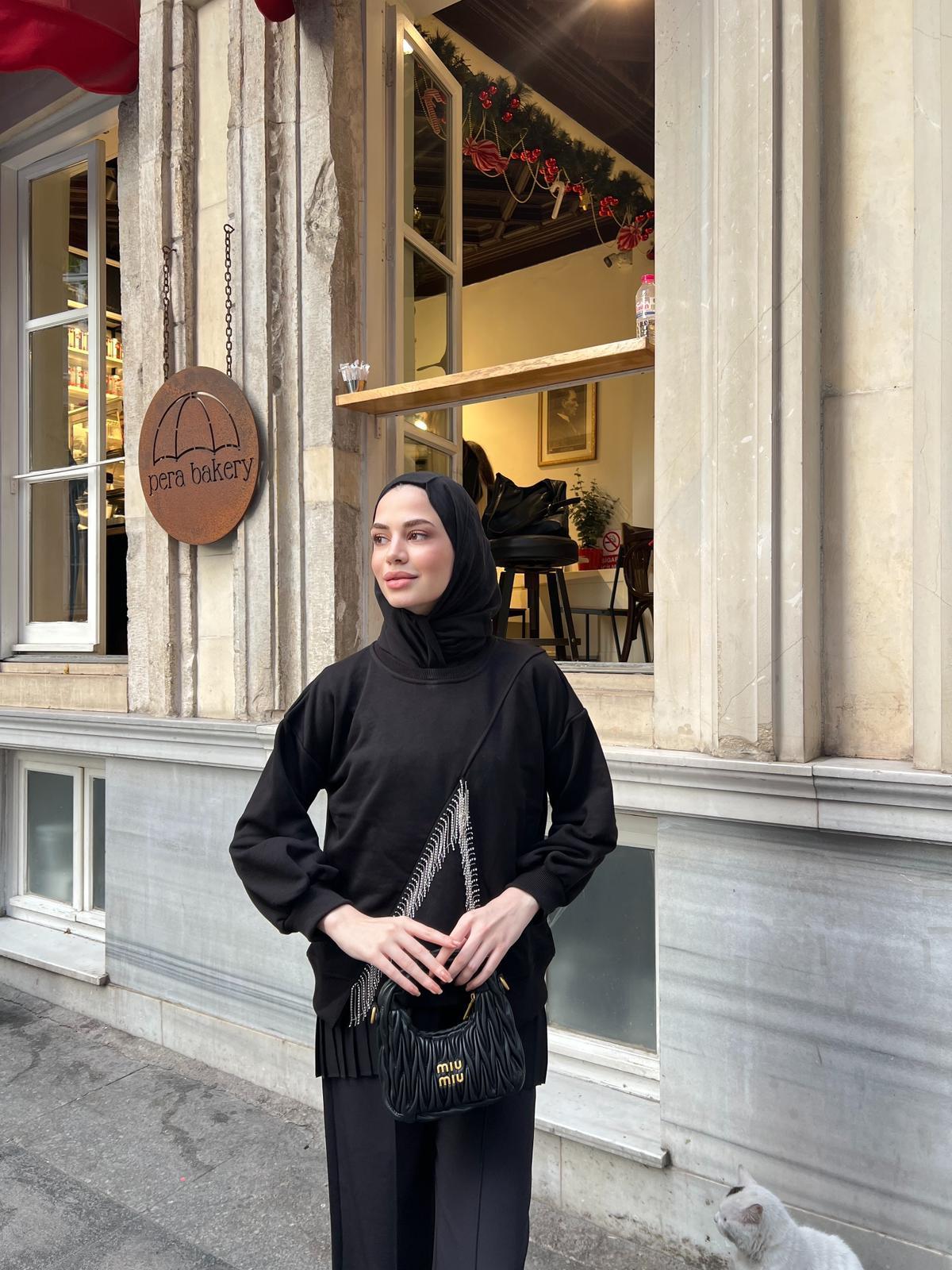 Ela Taş Detaylı Sweat - Siyah