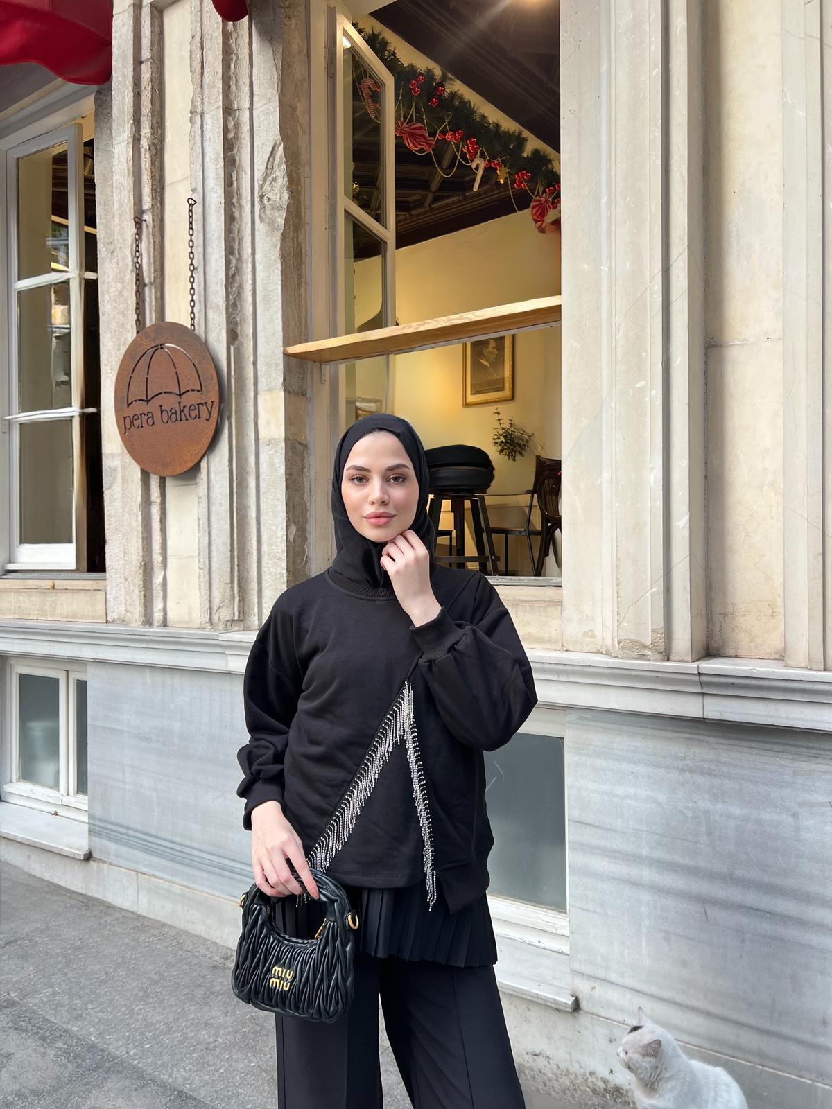 Ela Taş Detaylı Sweat - Siyah