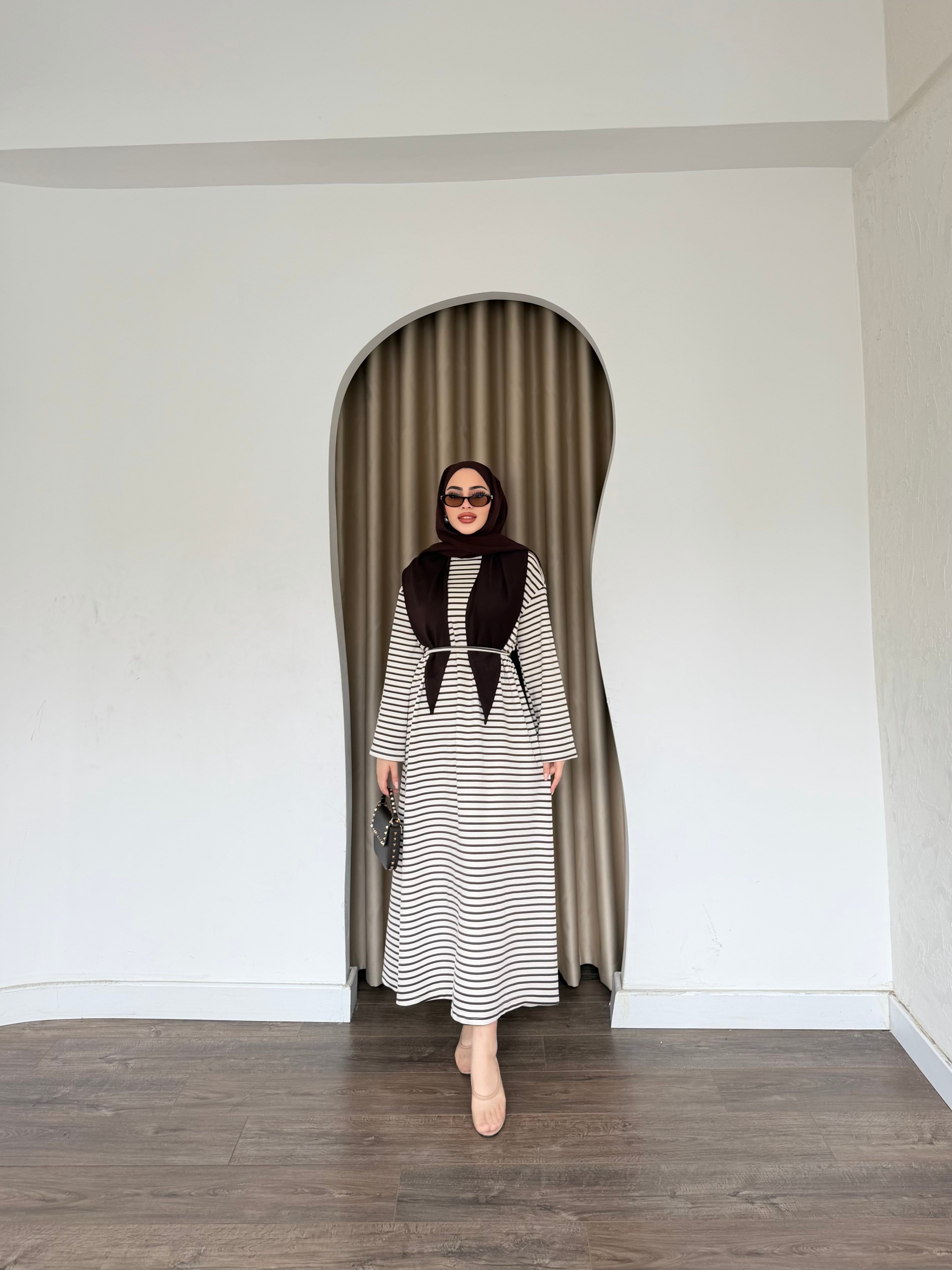 Elisa Çizgili Elbise - Kahve 