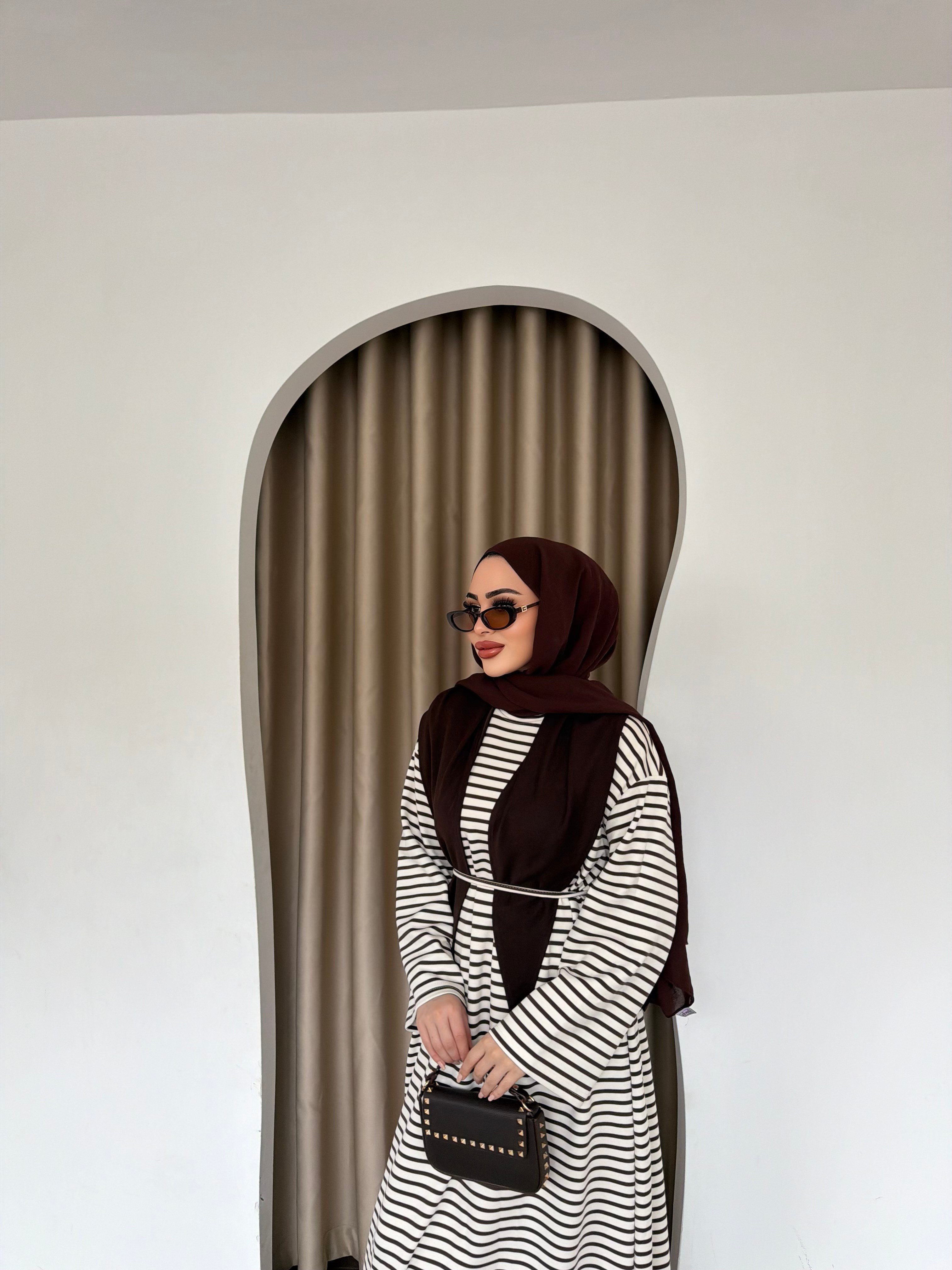 Elisa Çizgili Elbise - Kahve 
