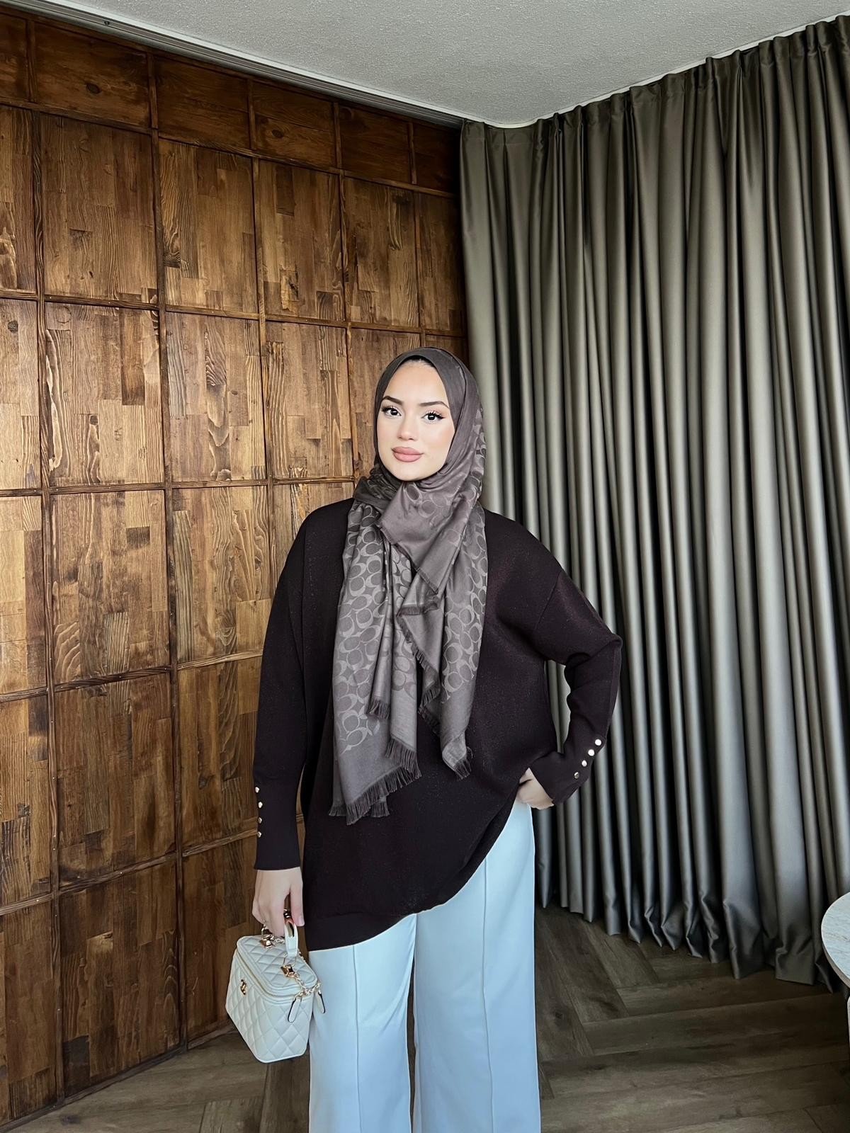 Eva Simli Kolu Düğmeli Triko Kazak Acı Kahve