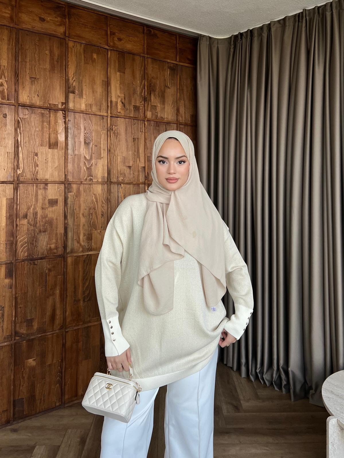 Eva Simli Kolu Düğmeli Triko Kazak Bej