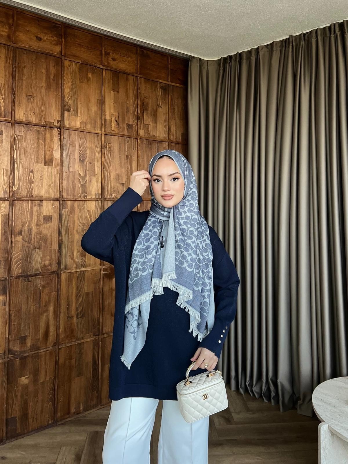 Eva Simli Kolu Düğmeli Triko Kazak Lacivert