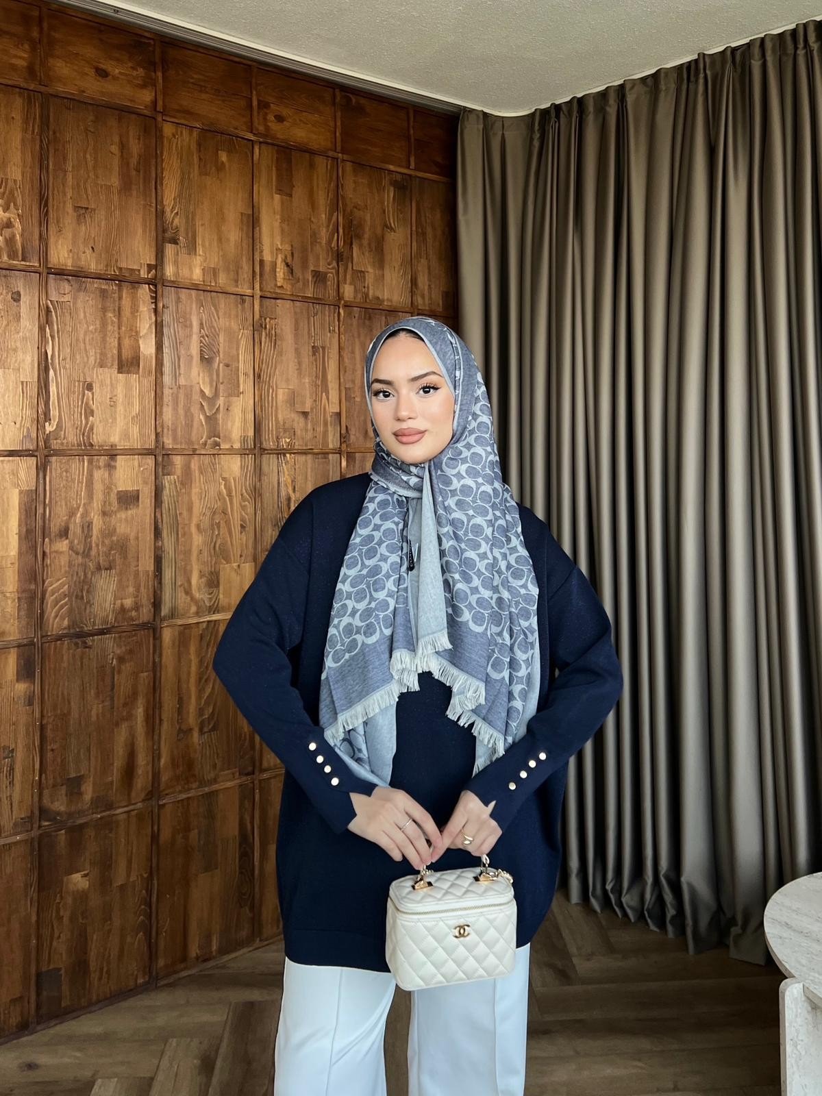 Eva Simli Kolu Düğmeli Triko Kazak Lacivert