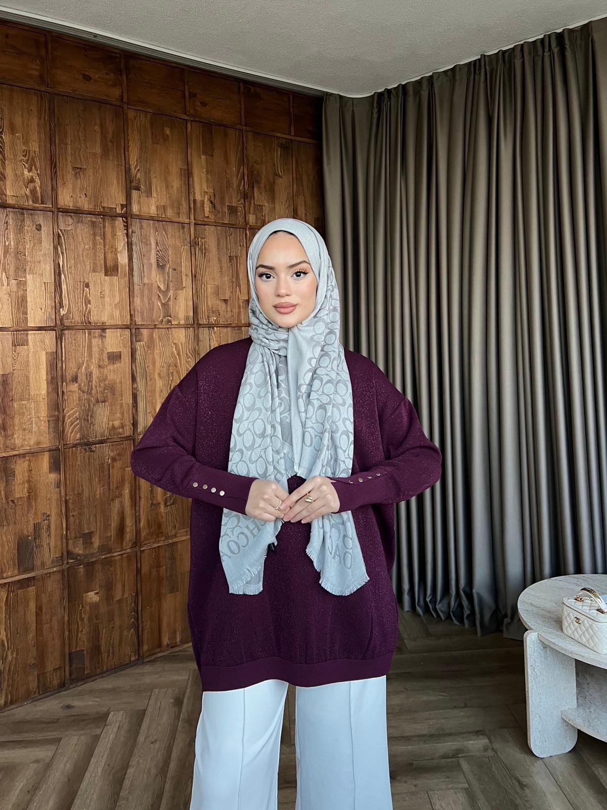 Eva Simli Kolu Düğmeli Triko Kazak Mürdüm