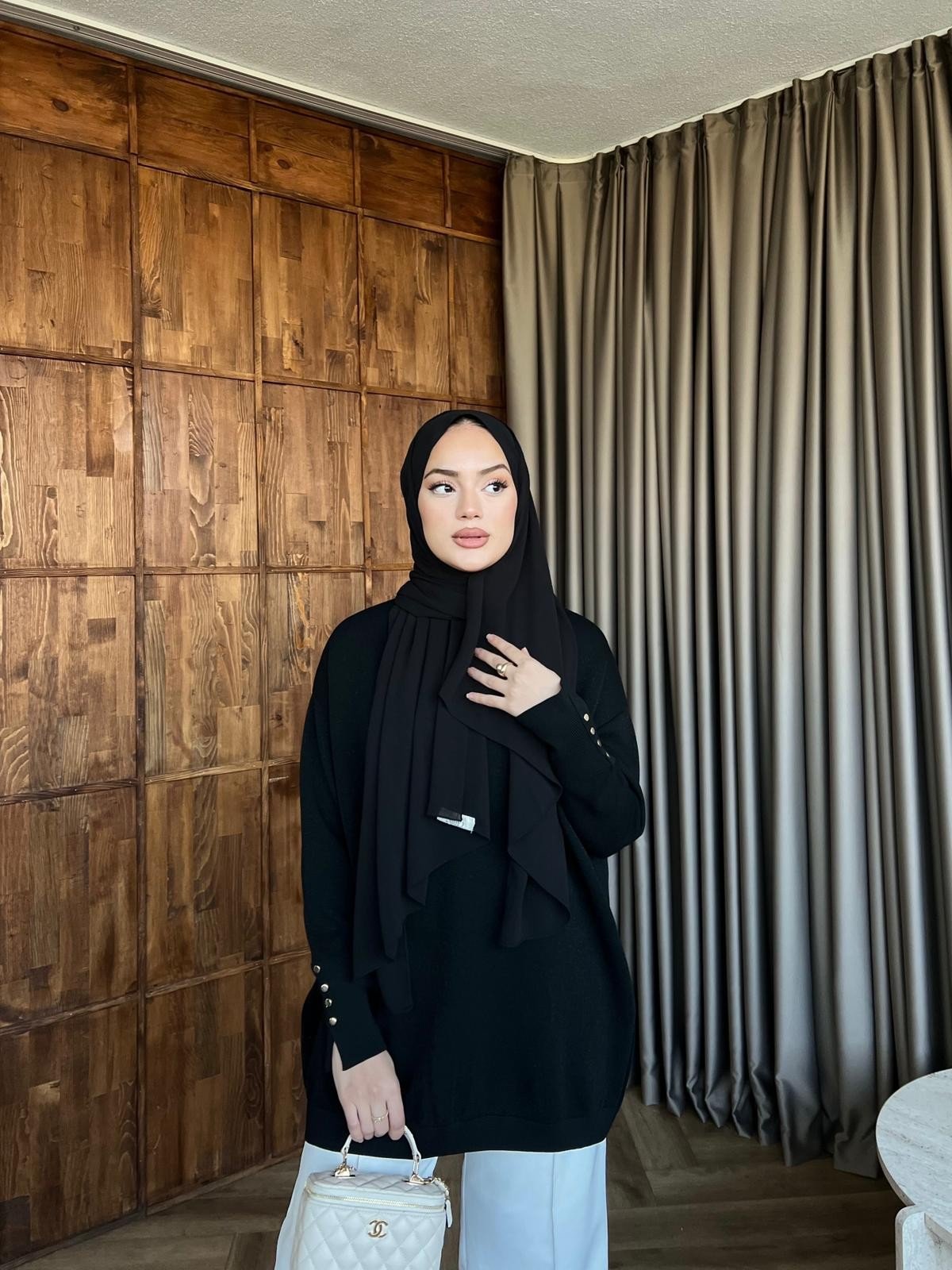 Eva Simli Kolu Düğmeli Triko Kazak Siyah