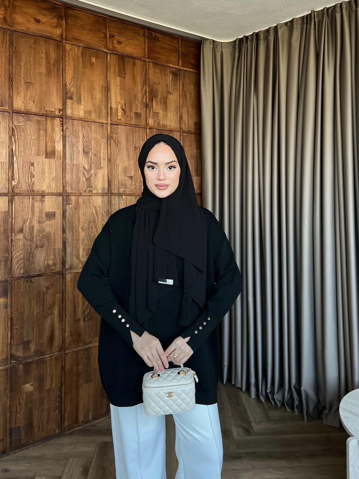 Eva Simli Kolu Düğmeli Triko Kazak Siyah