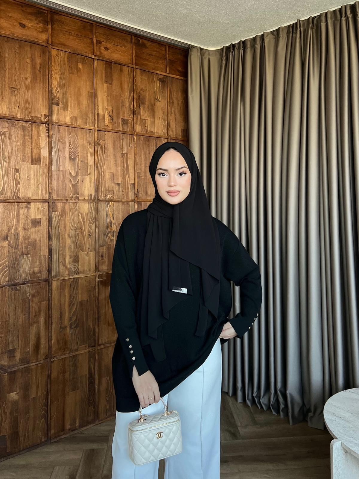 Eva Simli Kolu Düğmeli Triko Kazak Siyah