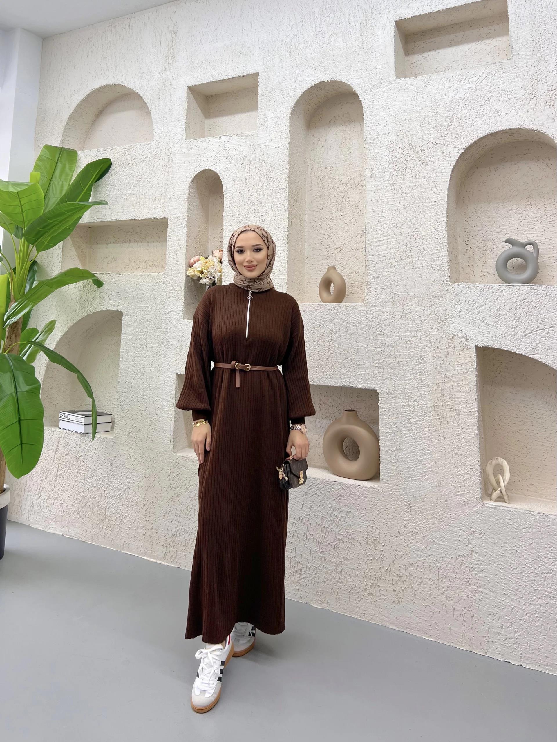 Fermuar Detaylı Triko Elbise Acı Kahve