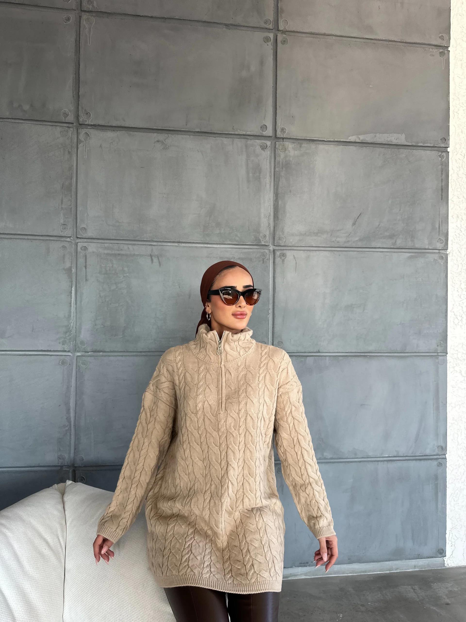 Fermuarlı Örme Kazak Camel