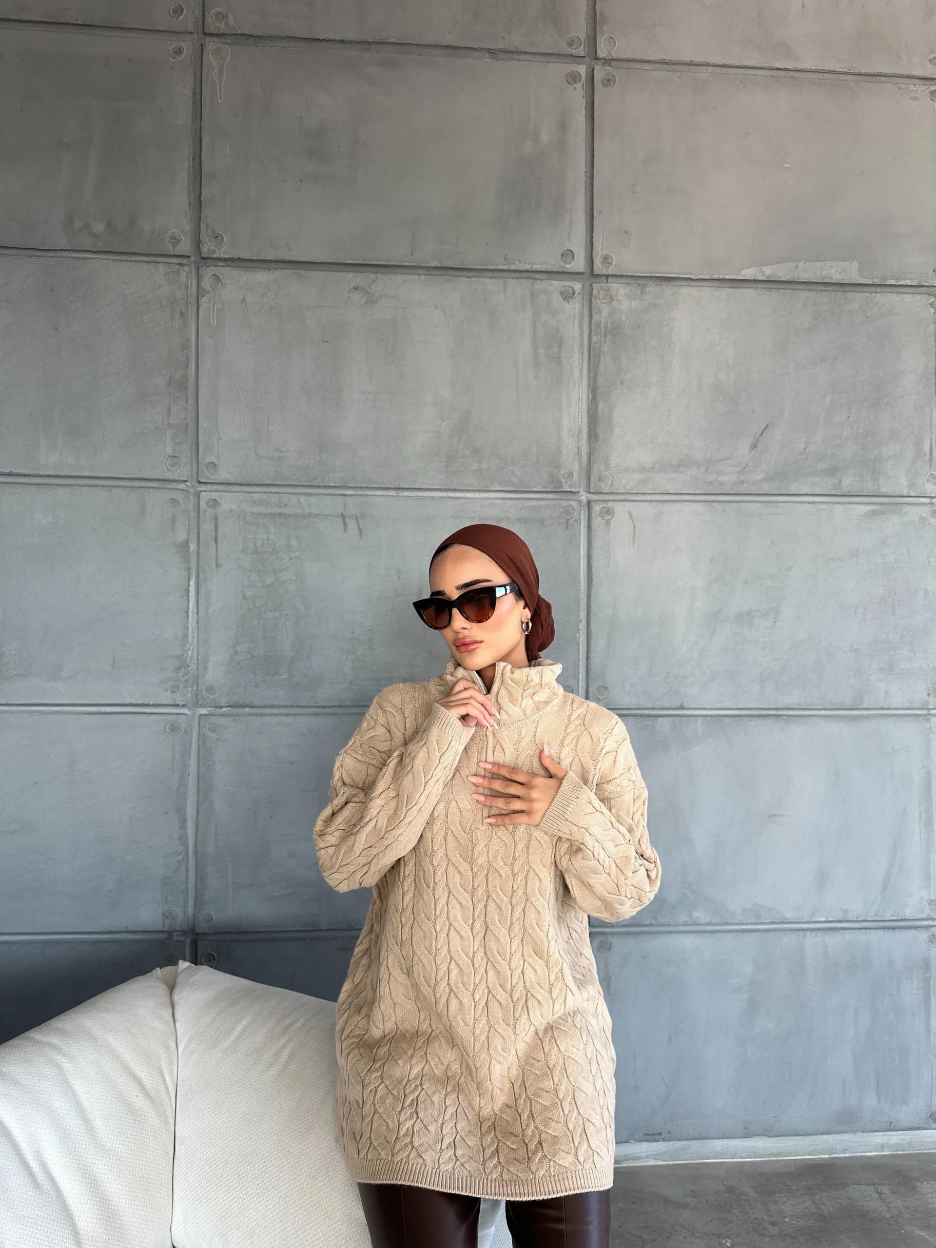 Fermuarlı Örme Kazak Camel