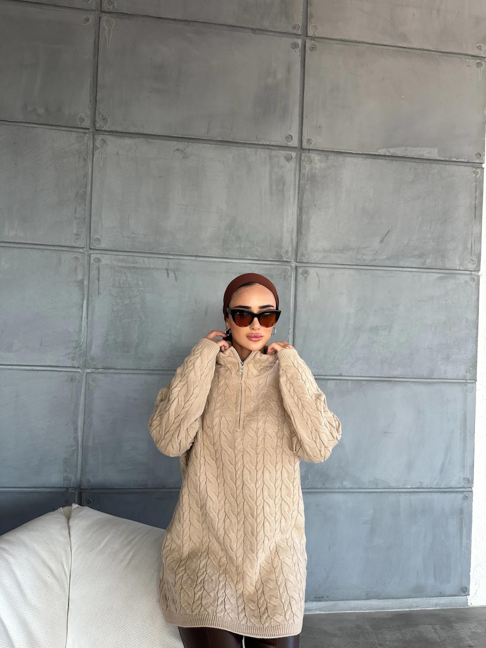 Fermuarlı Örme Kazak Camel