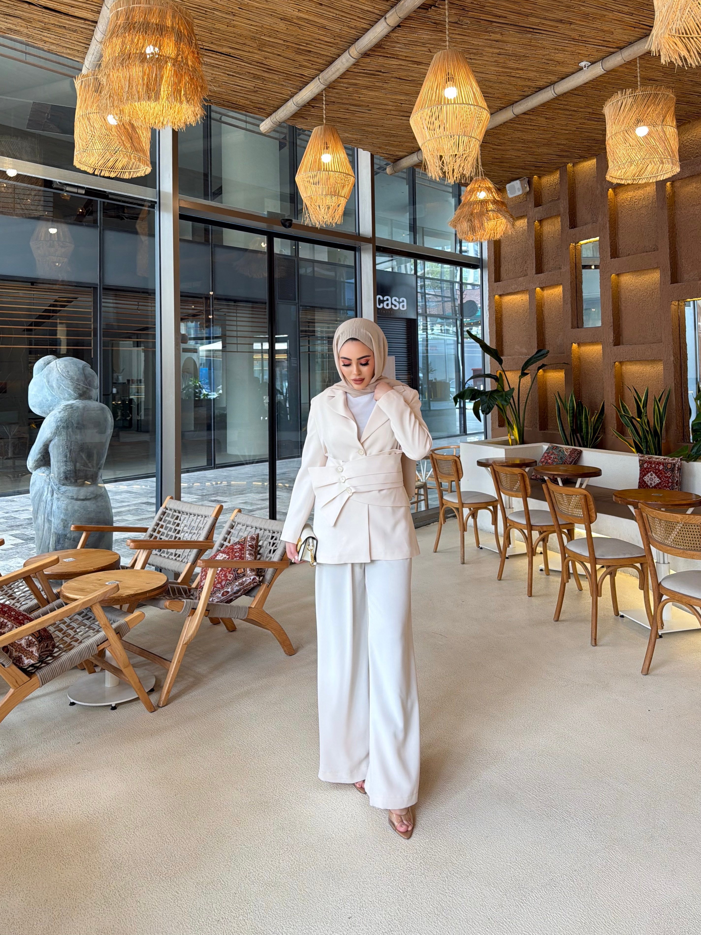 Hilla Düğmeli Takım - Krem