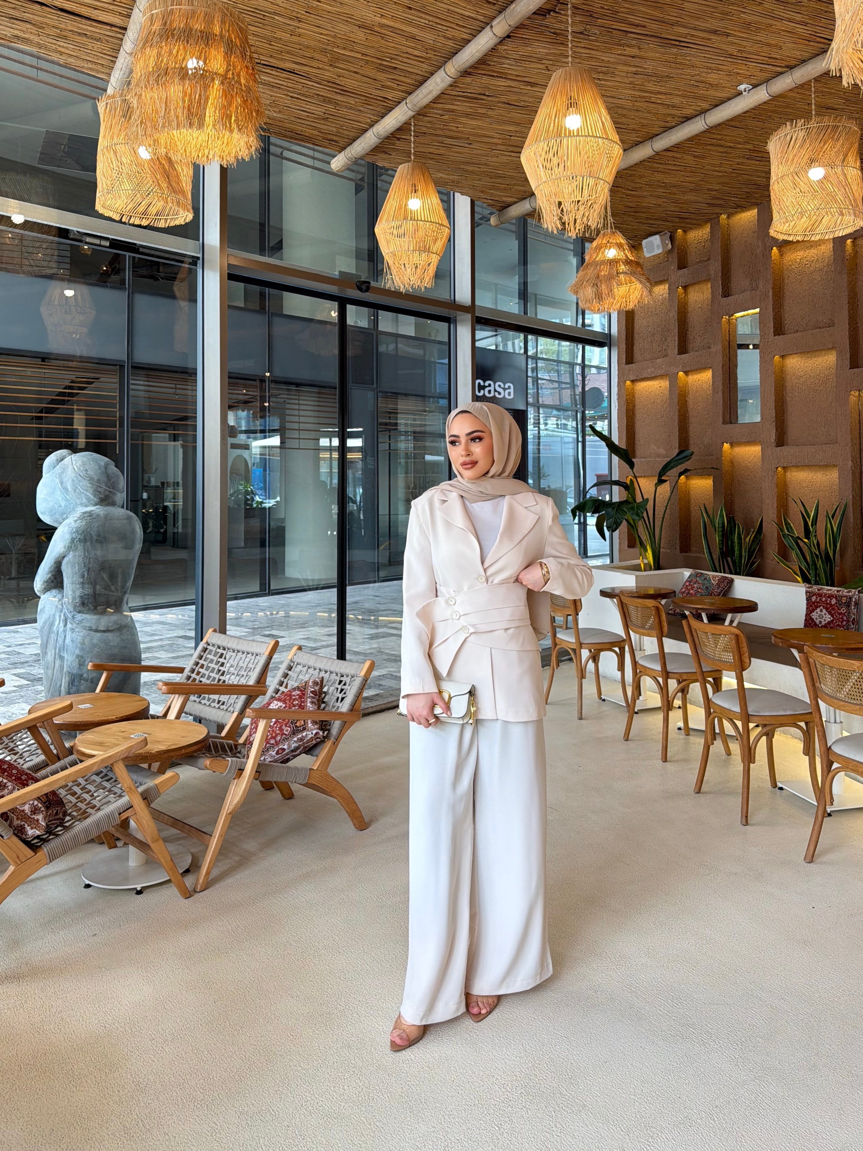 Hilla Düğmeli Takım - Krem