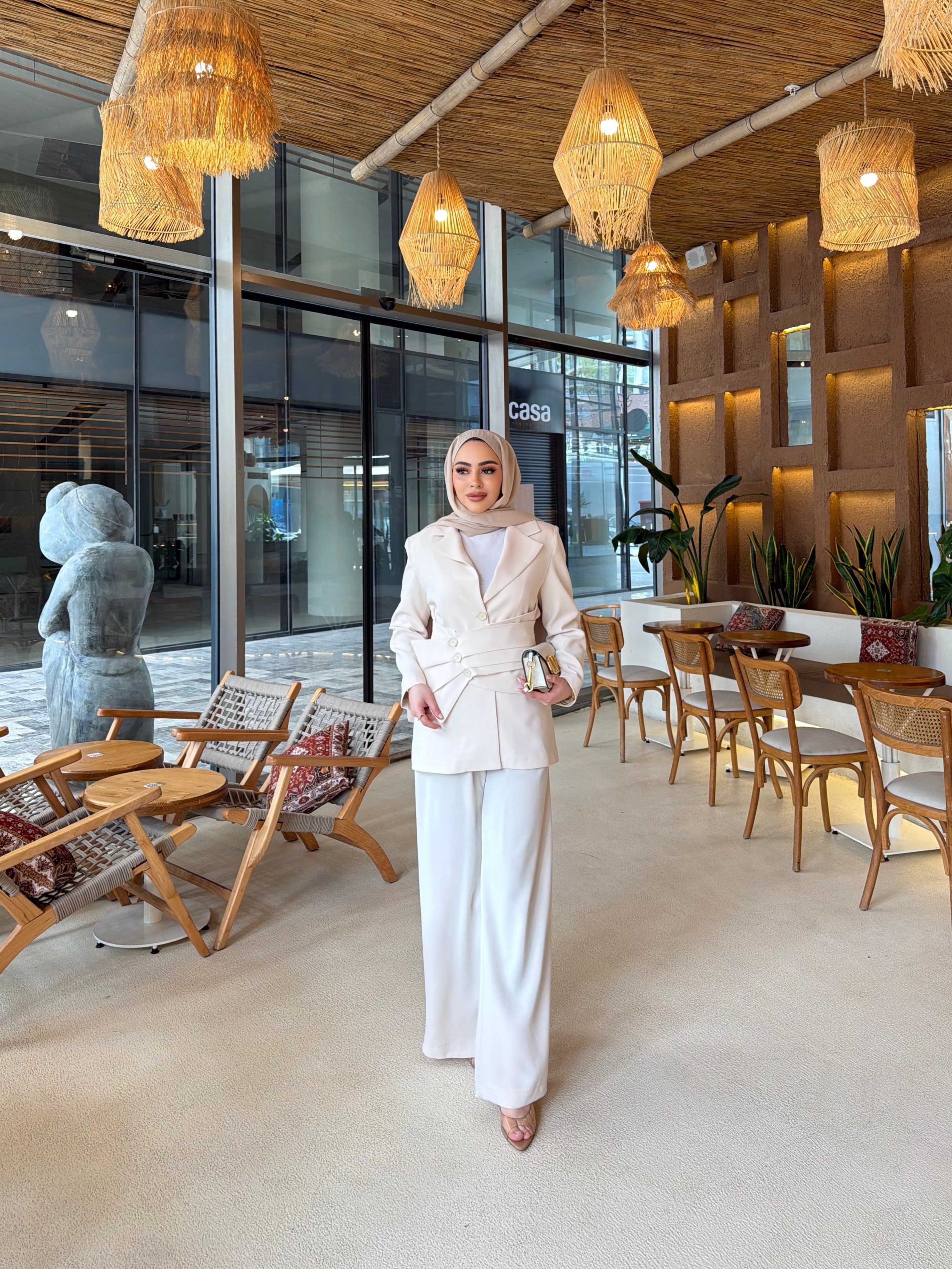 Hilla Düğmeli Takım - Krem