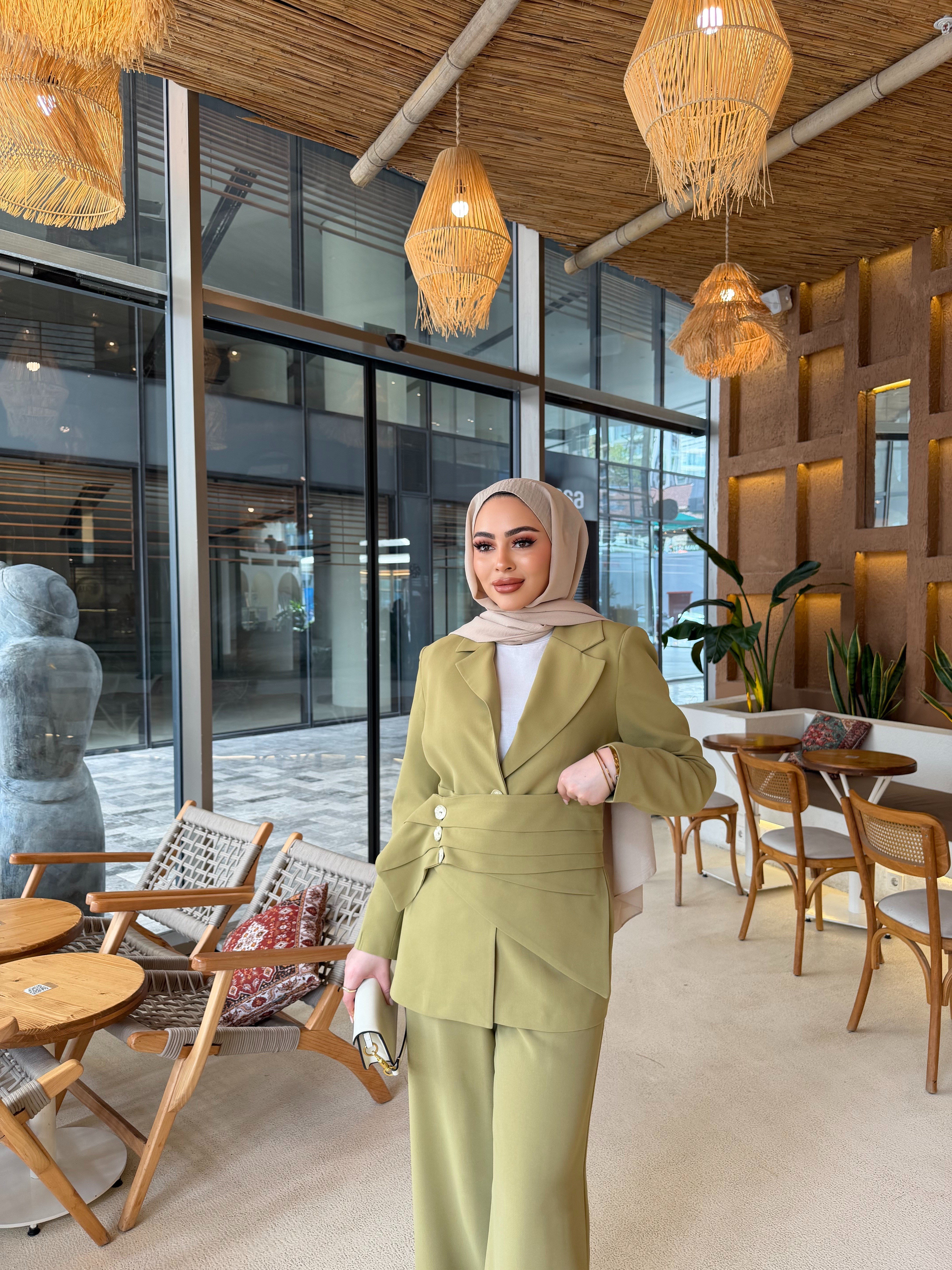 Hilla Düğmeli Takım - Yağyeşil