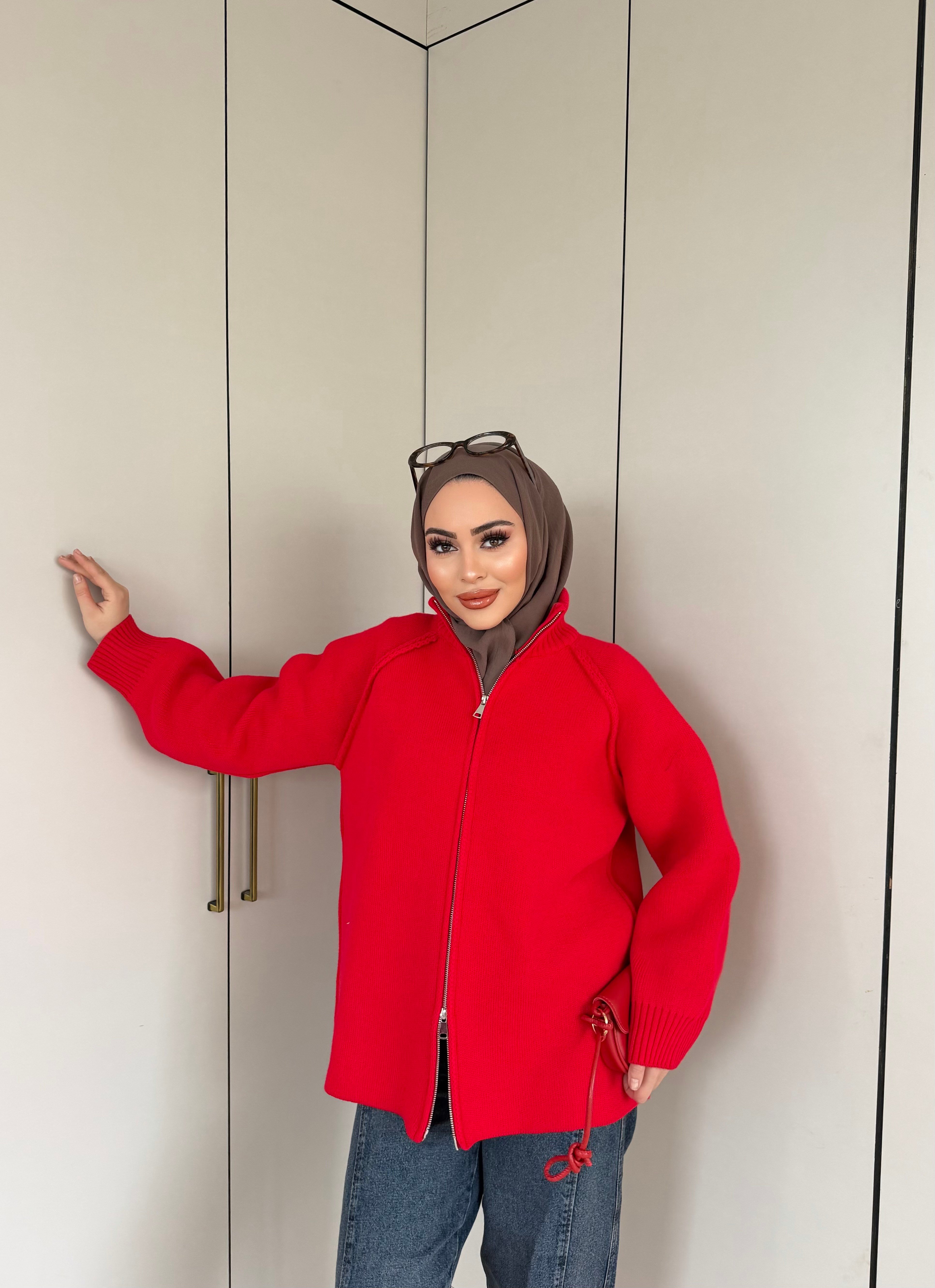Hira Fermuarlı Hırka - Kırmızı