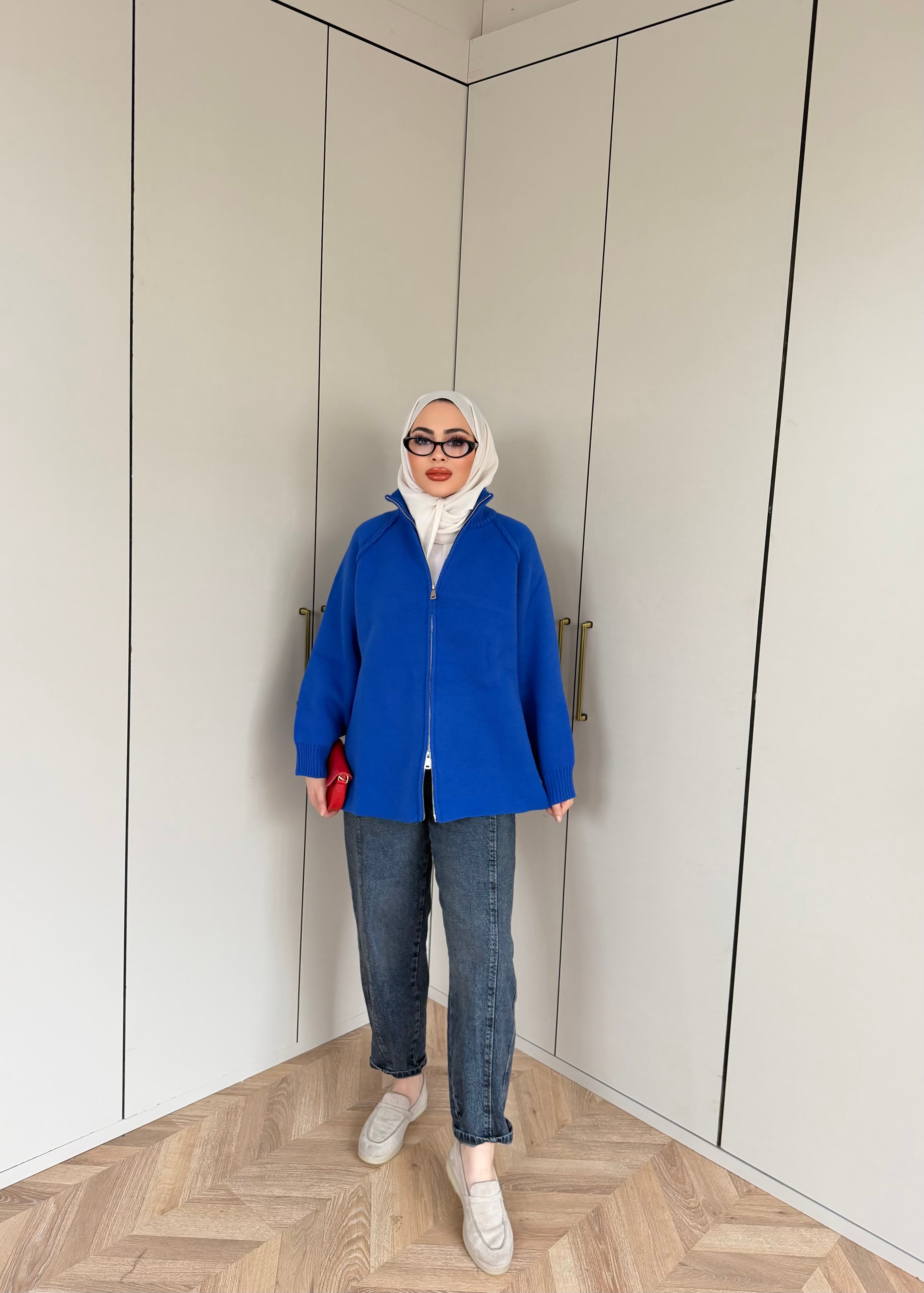Hira Fermuarlı Hırka - Saks