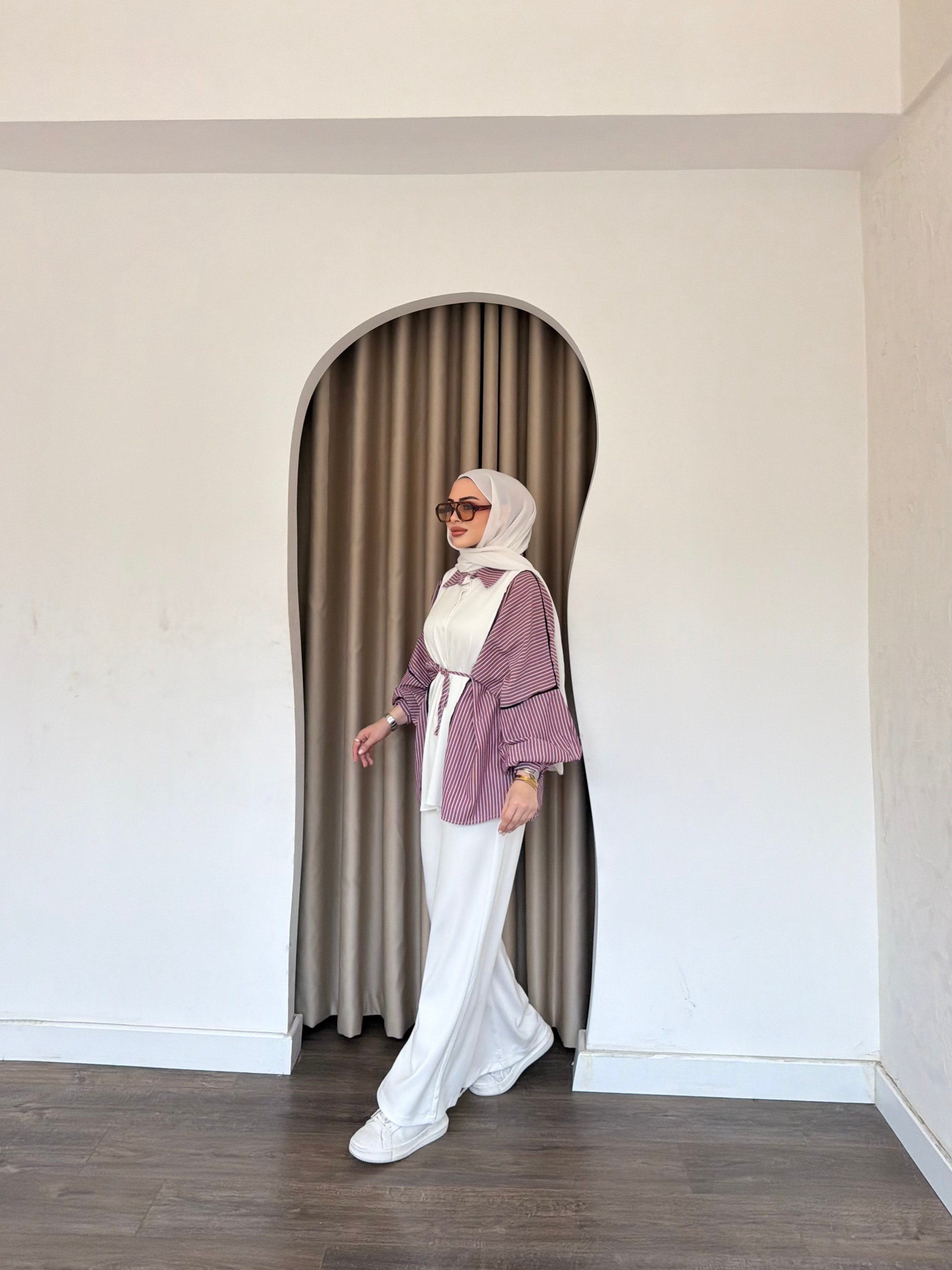 Kenna Çizgili Gömlek Takım - Mürdüm