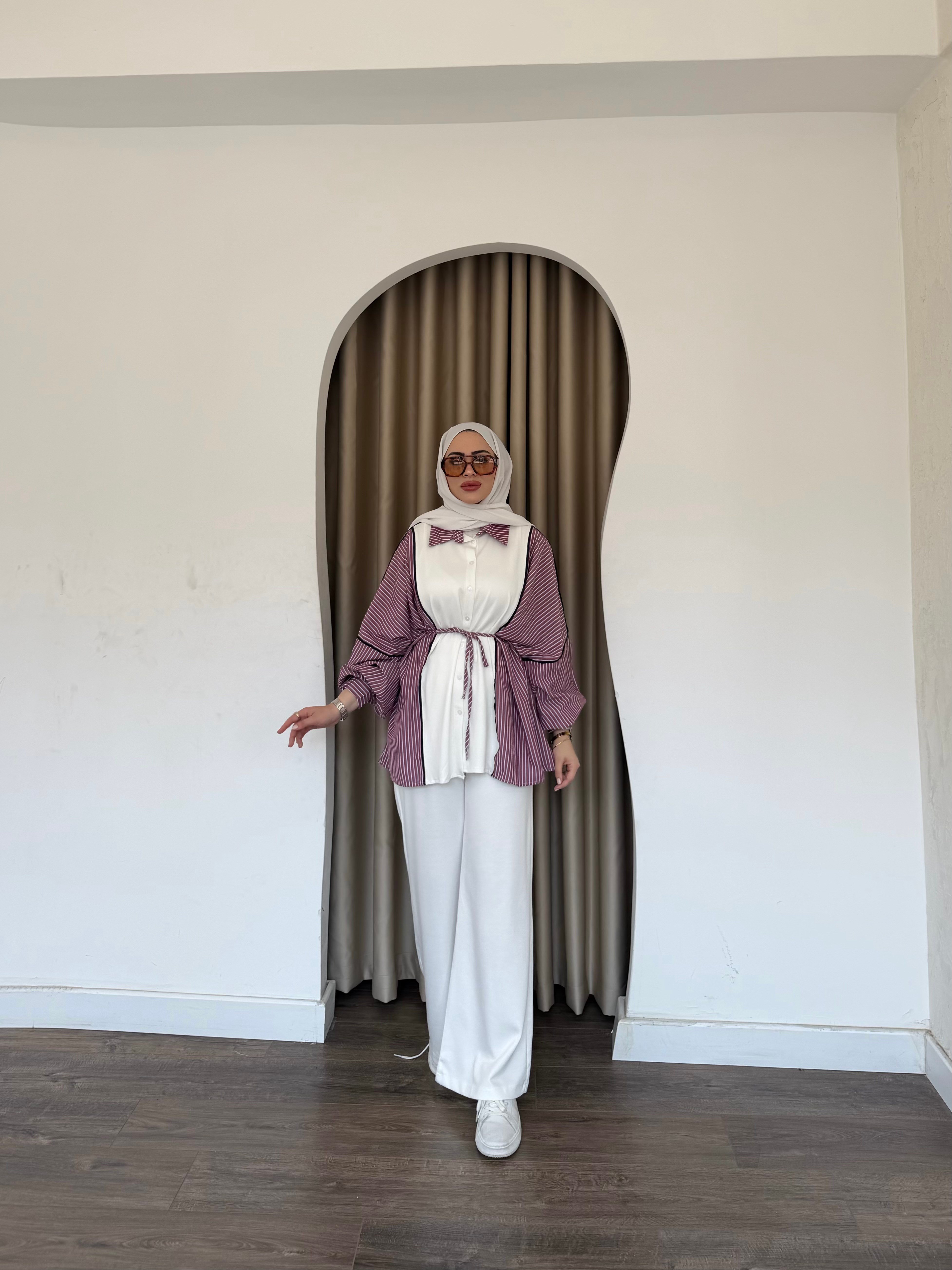 Kenna Çizgili Gömlek Takım - Mürdüm