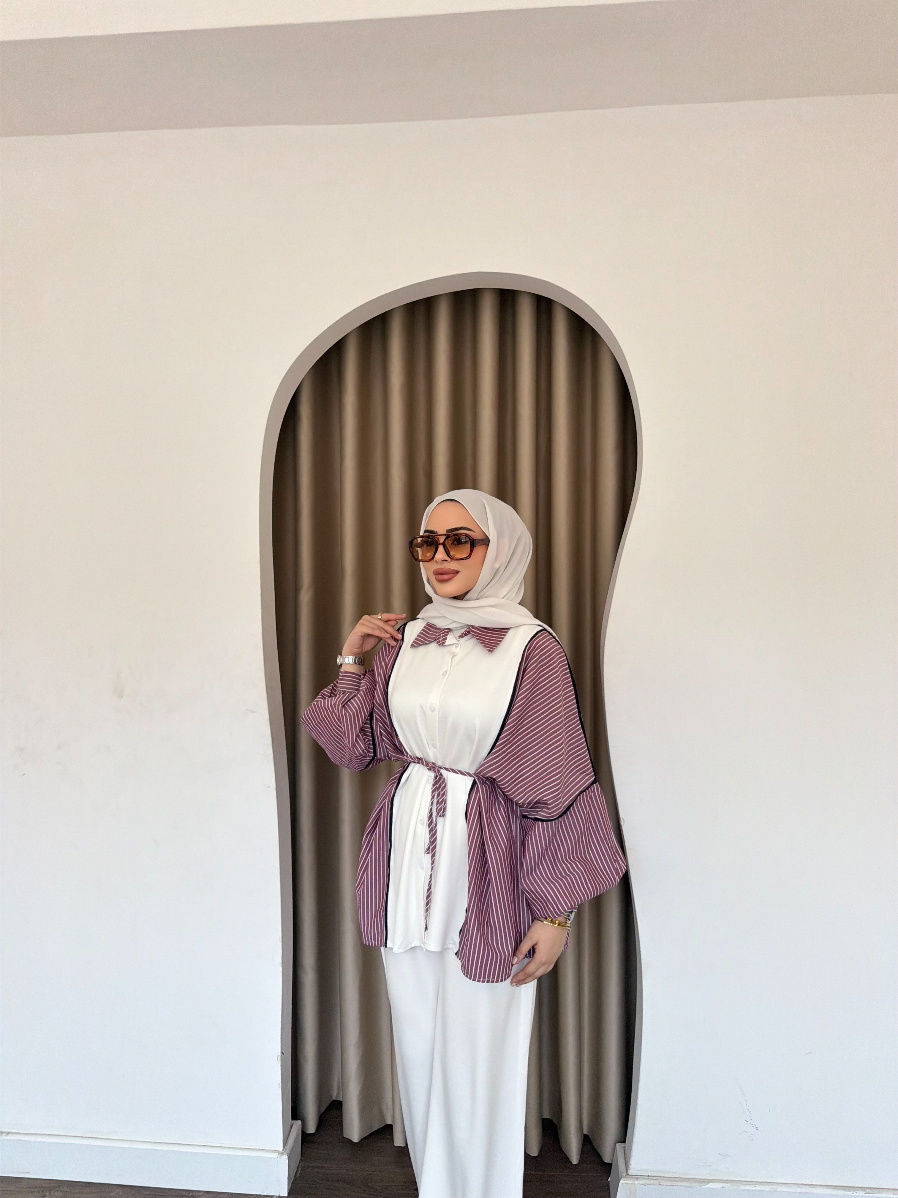 Kenna Çizgili Gömlek Takım - Mürdüm