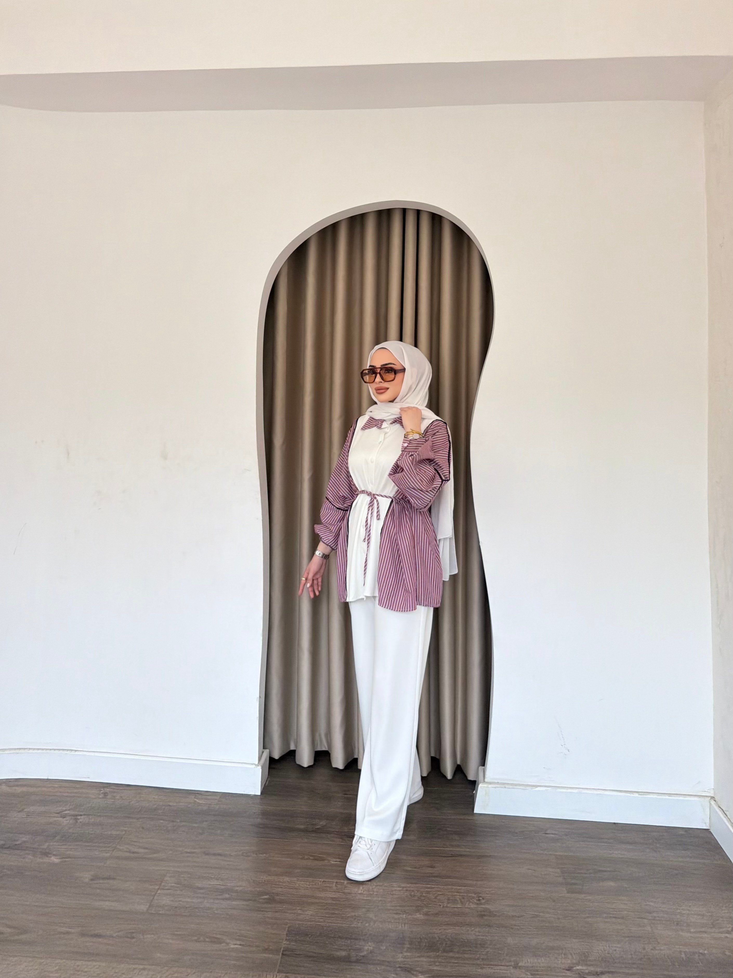 Kenna Çizgili Gömlek Takım - Mürdüm
