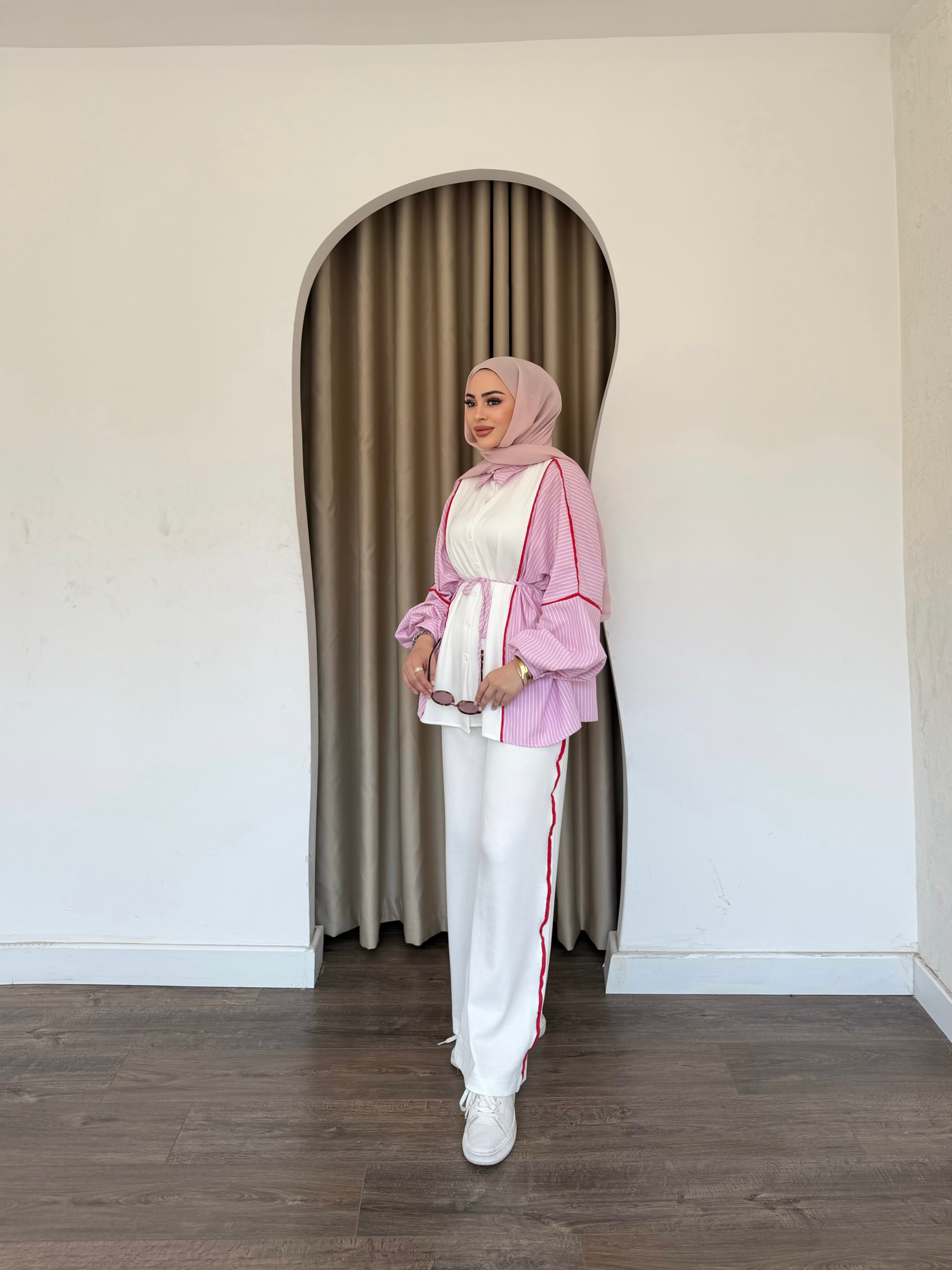 Kenna Çizgili Gömlek Takım - Pembe