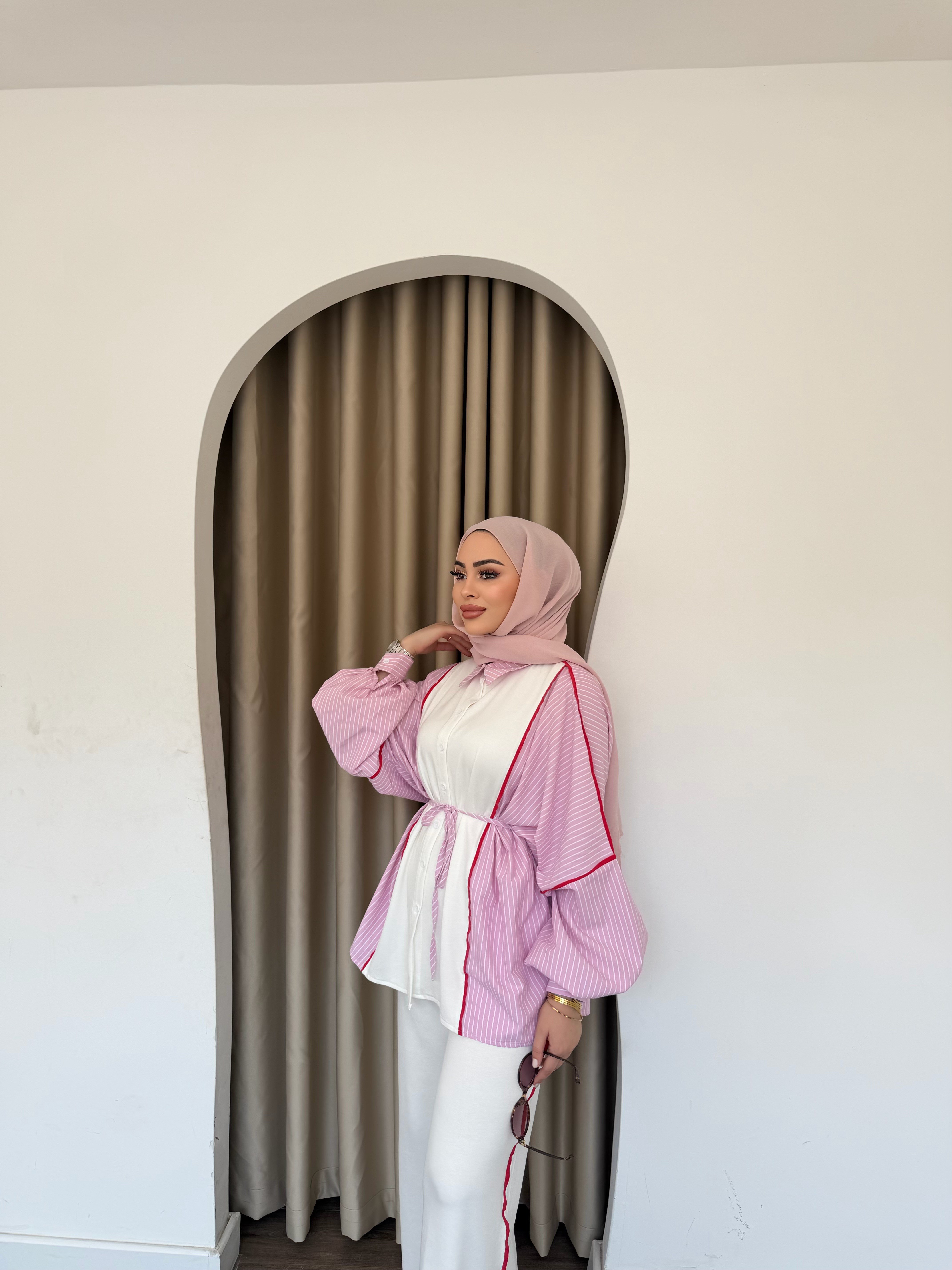 Kenna Çizgili Gömlek Takım - Pembe