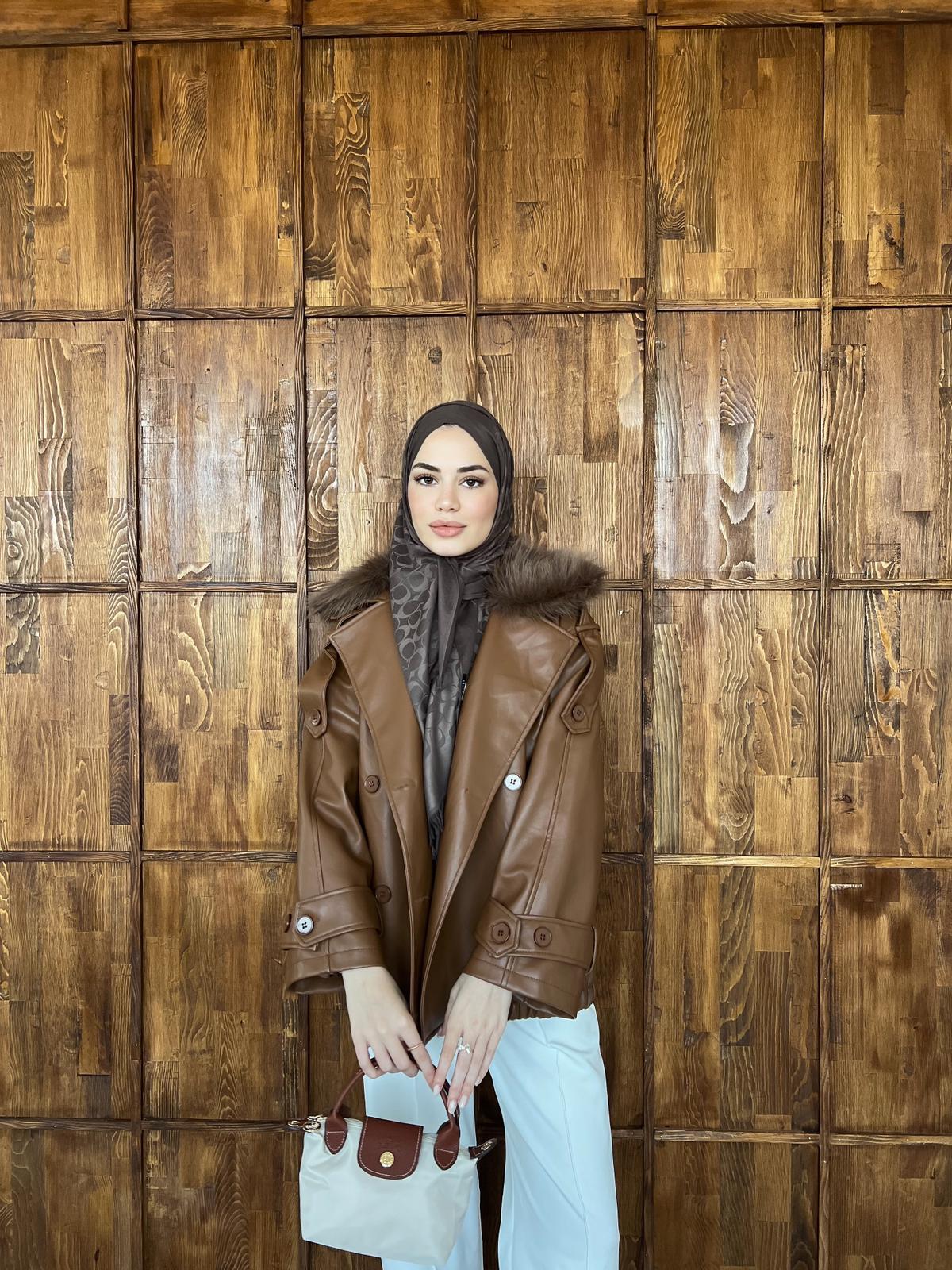 Kürk Detaylı Deri Ceket - Camel