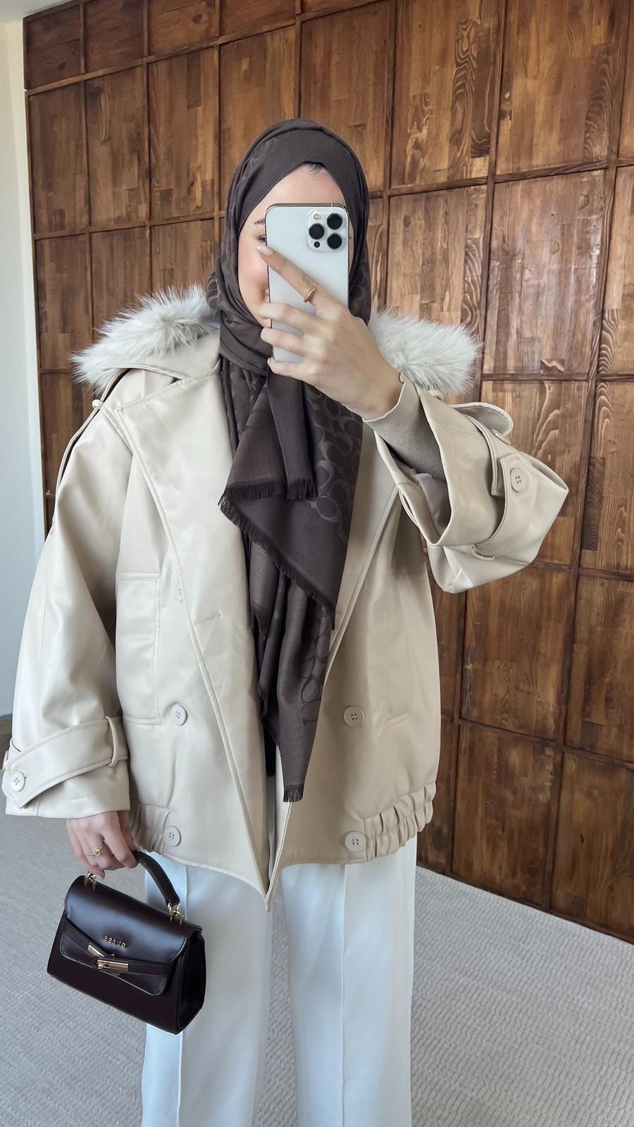 Kürk Detaylı Deri Ceket - Krem