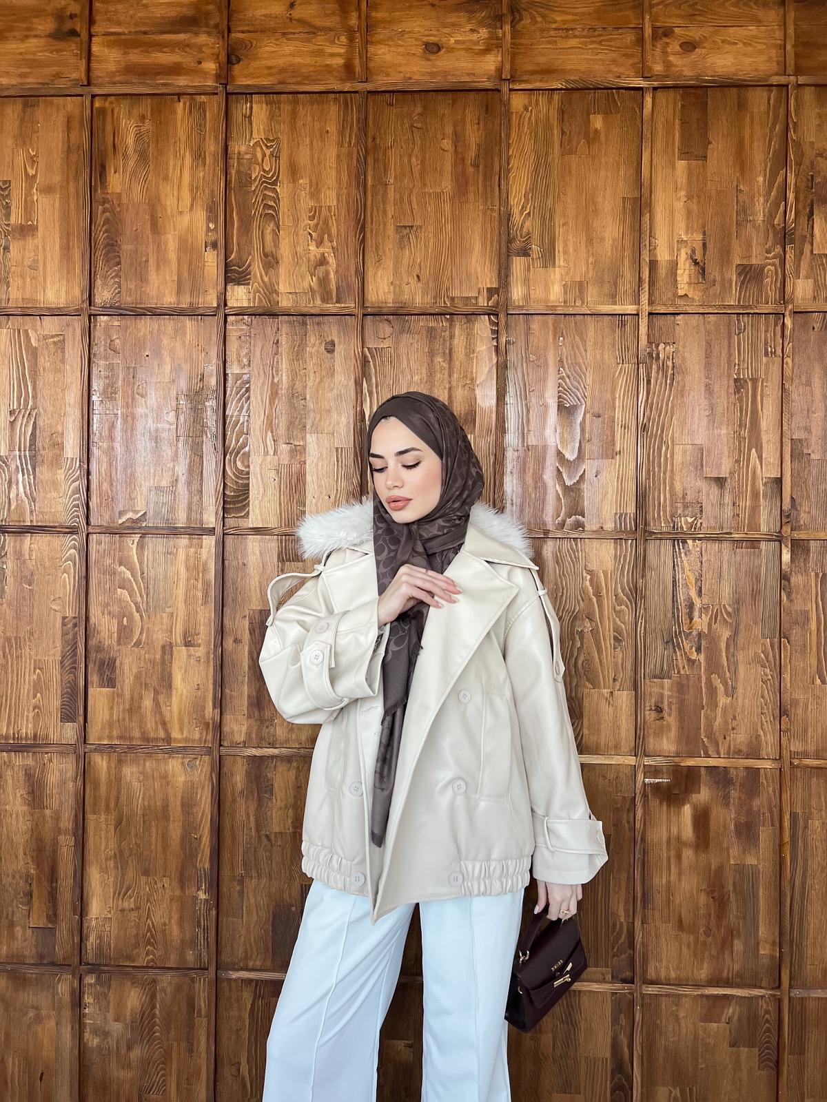 Kürk Detaylı Deri Ceket - Krem