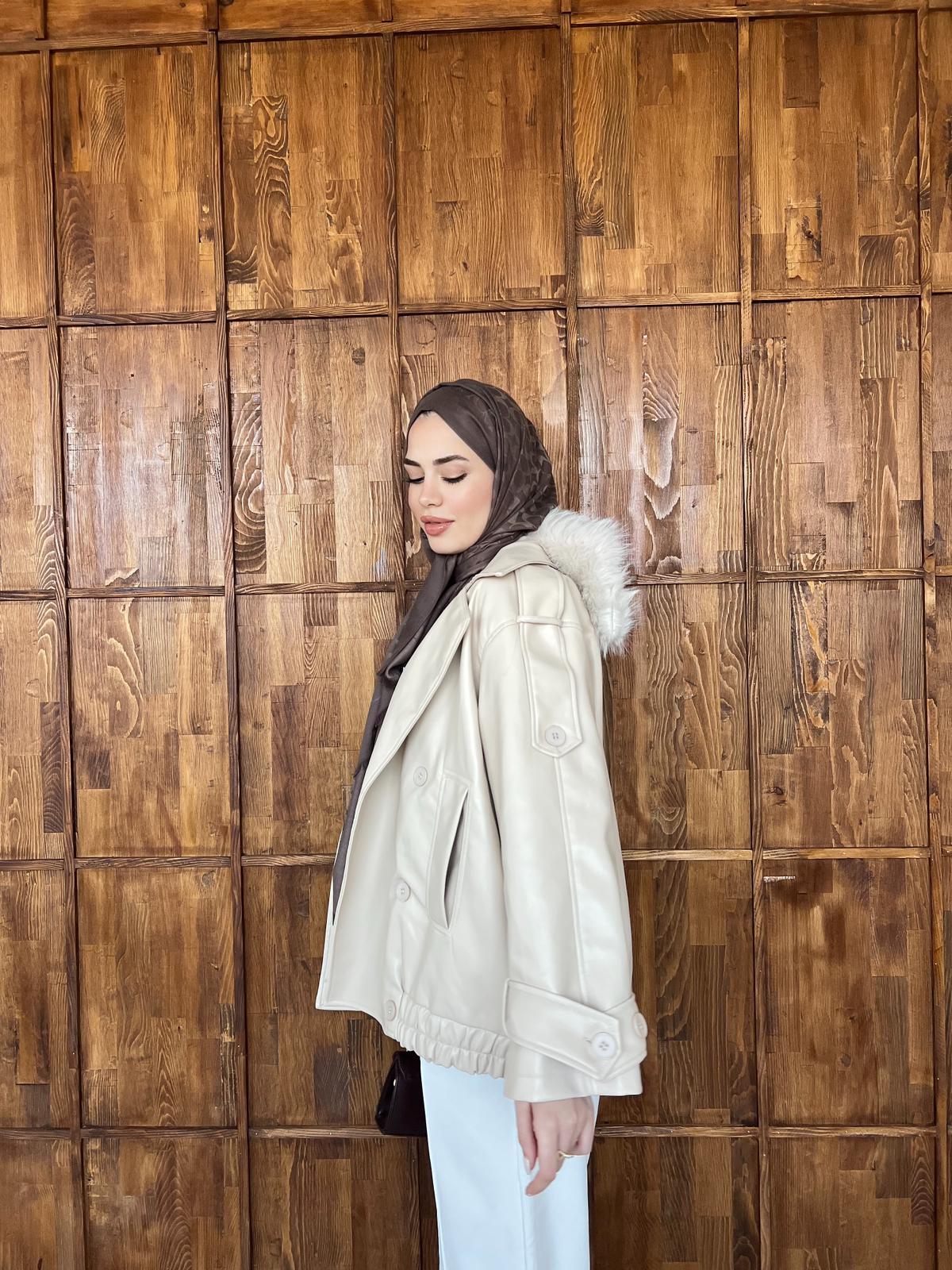 Kürk Detaylı Deri Ceket - Krem