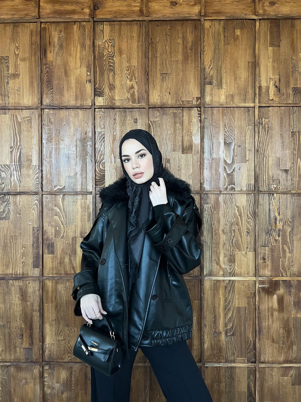 Kürk Detaylı Deri Ceket - Siyah