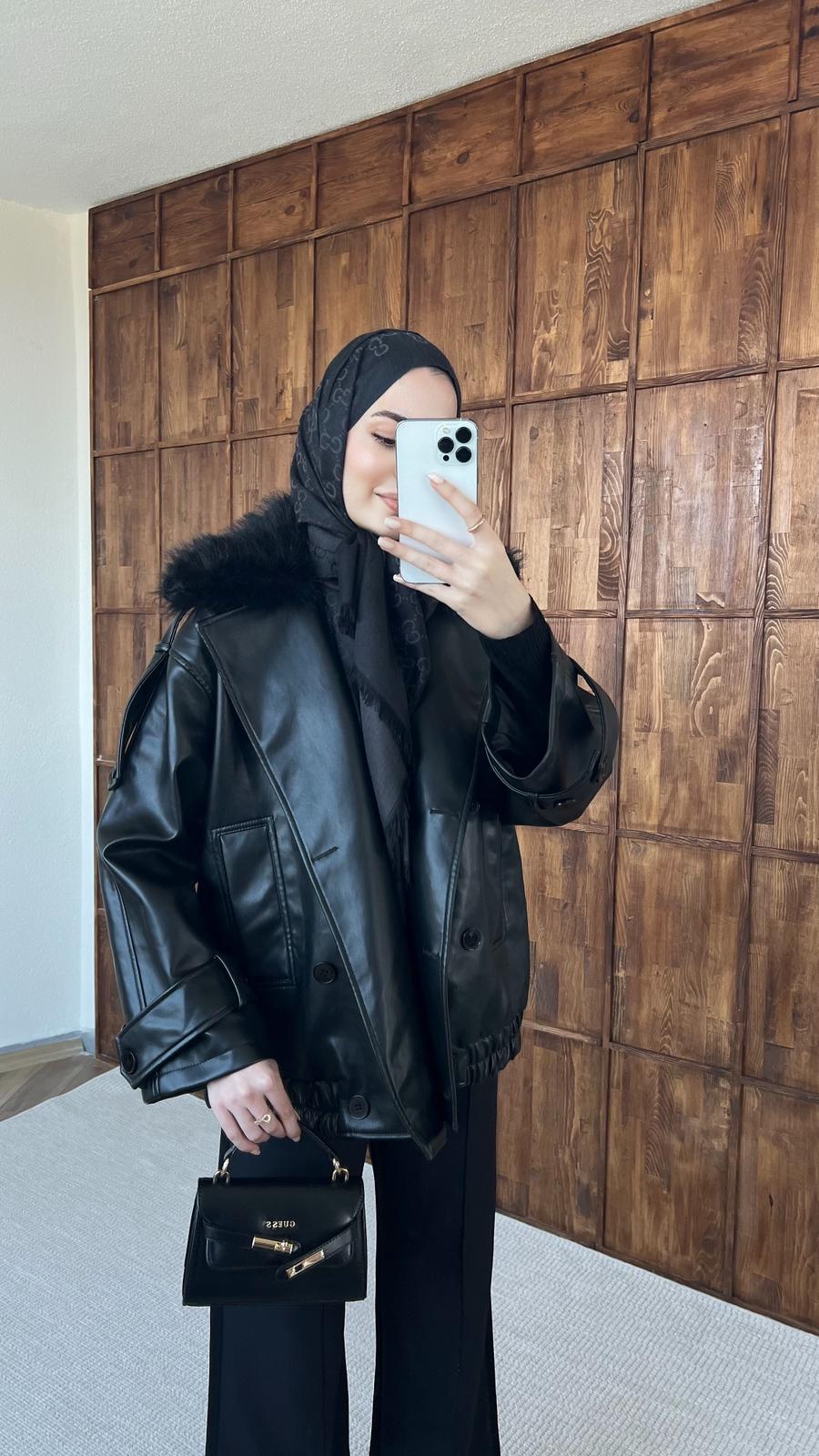 Kürk Detaylı Deri Ceket - Siyah