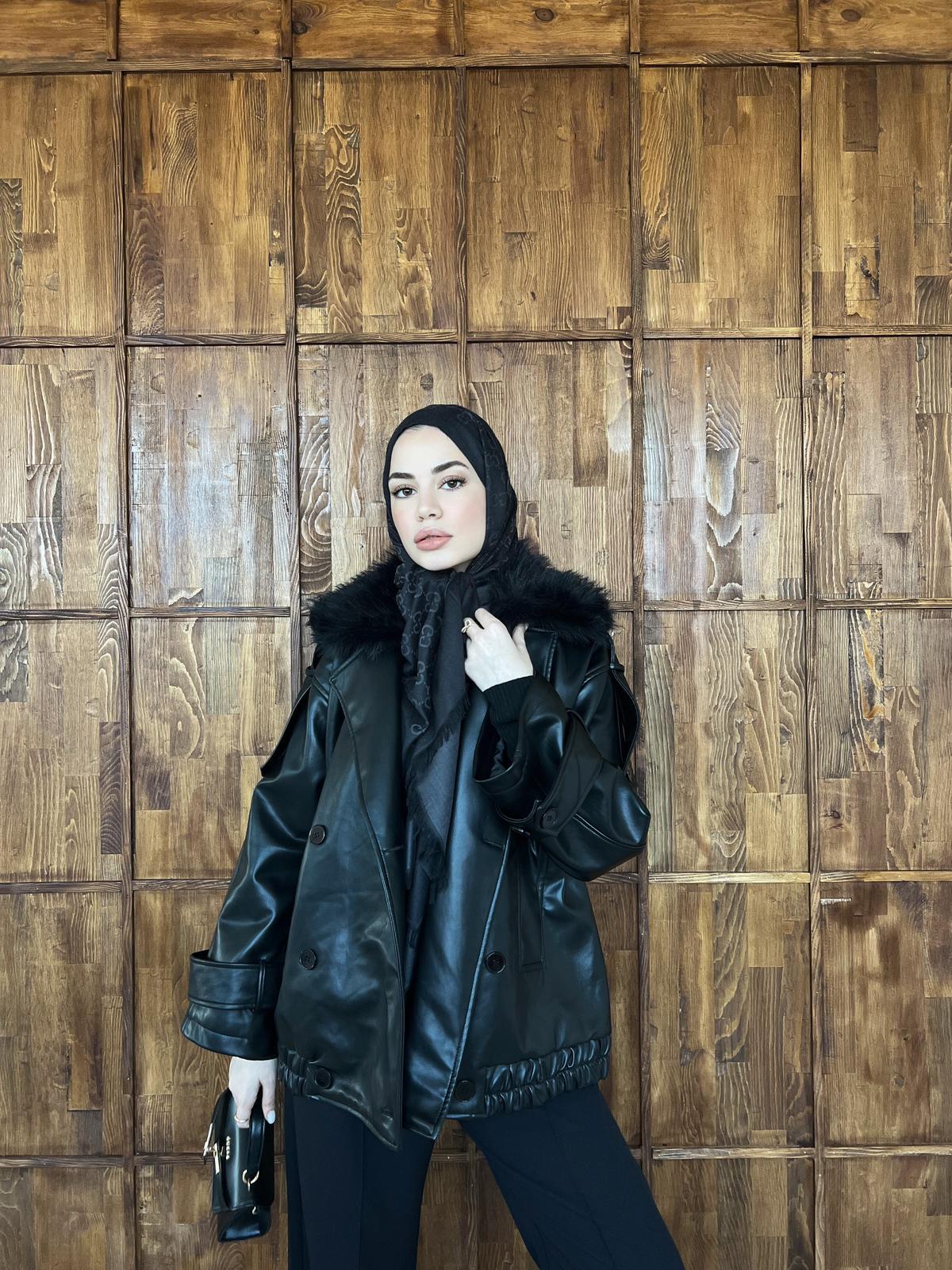 Kürk Detaylı Deri Ceket - Siyah