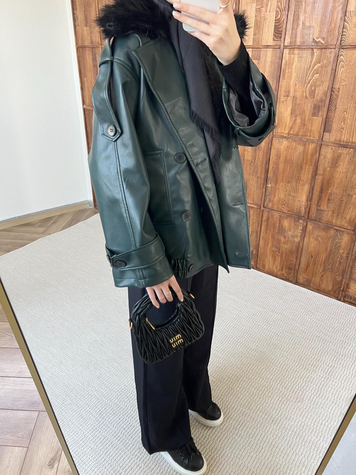 Kürk Detaylı Deri Ceket - Yeşil