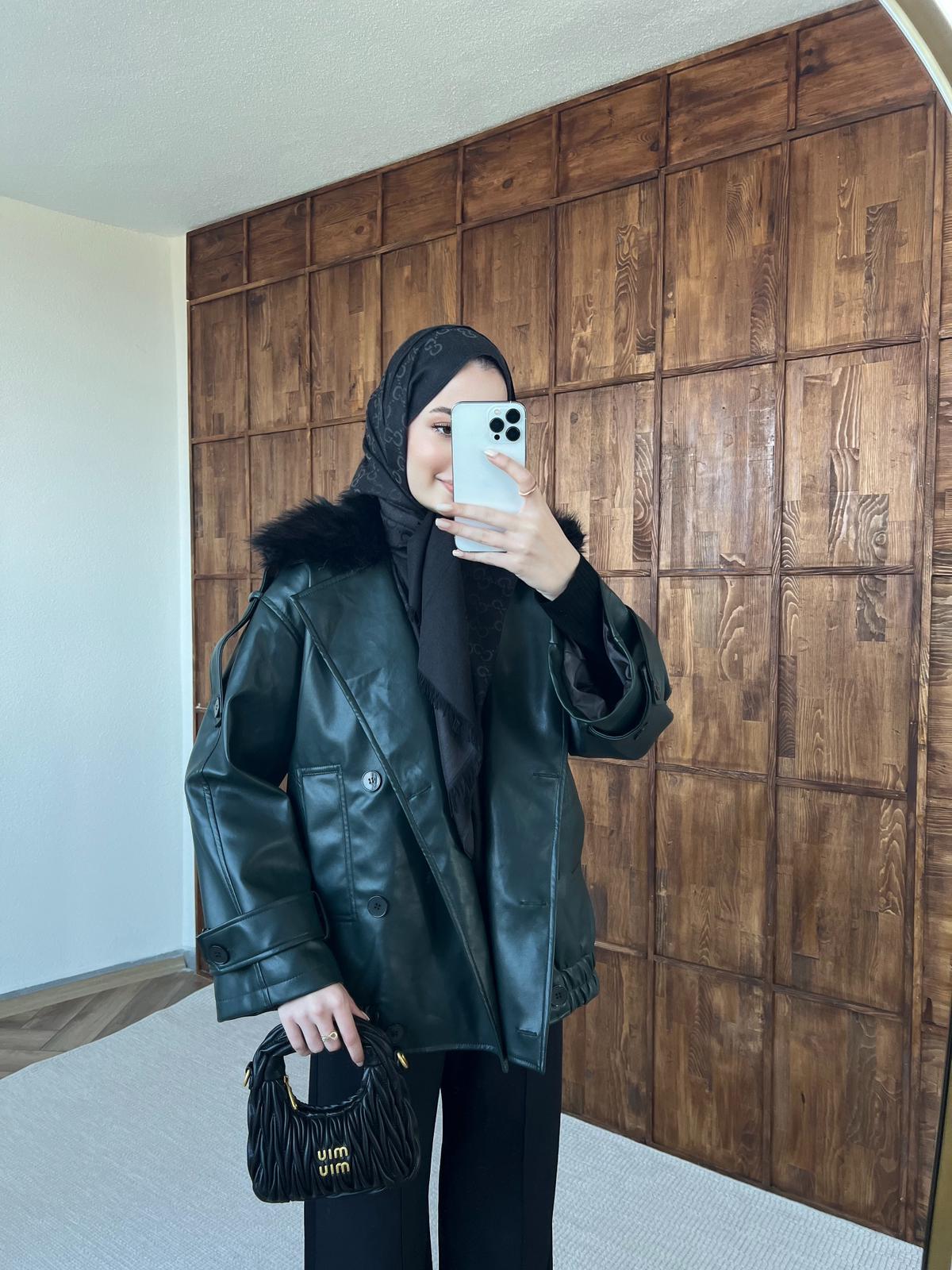 Kürk Detaylı Deri Ceket - Yeşil