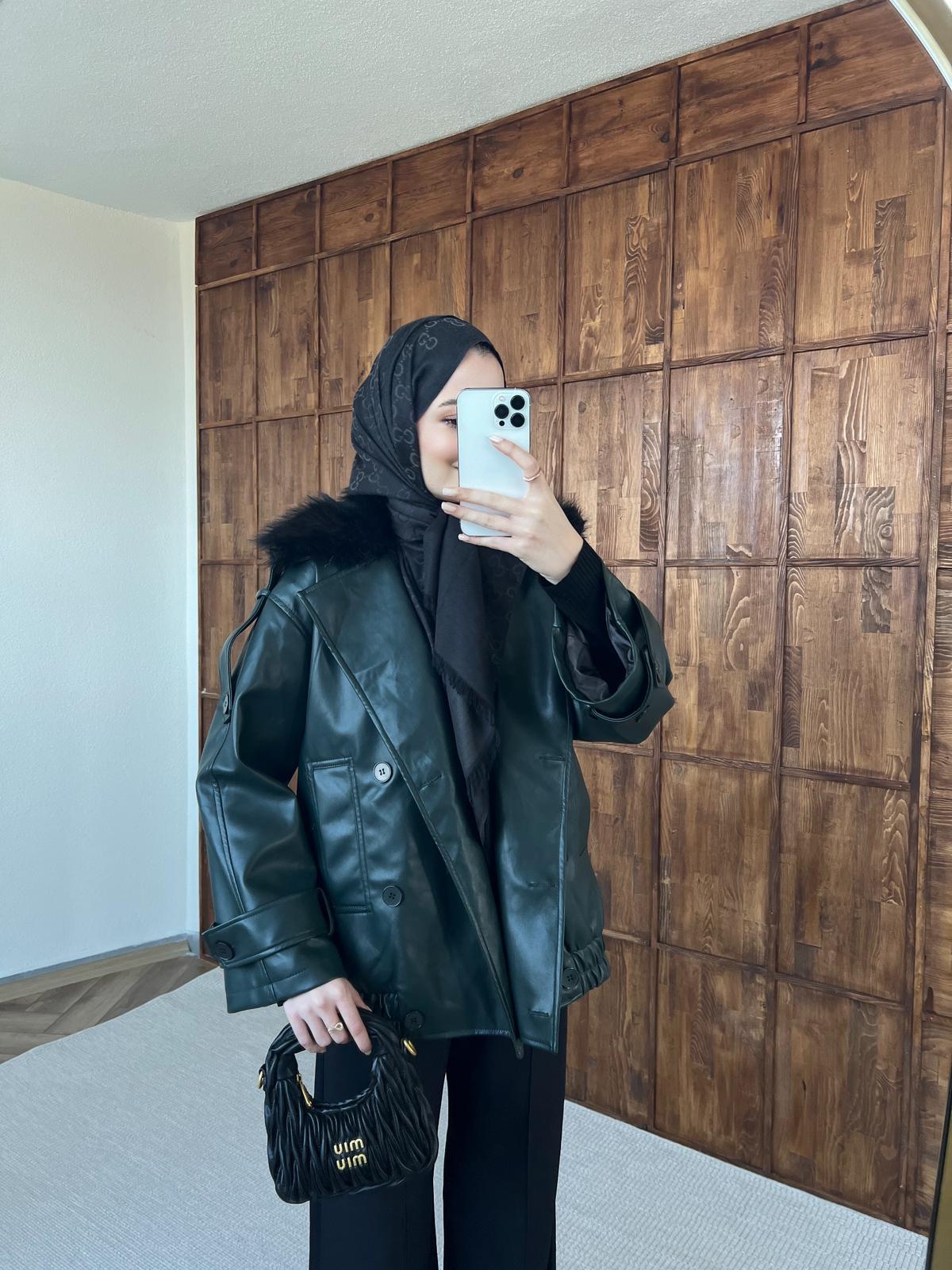 Kürk Detaylı Deri Ceket - Yeşil