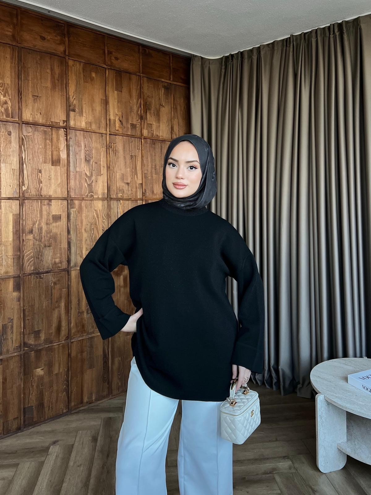 Lea Simli Kolu Kıvırmalı Kazak - Siyah